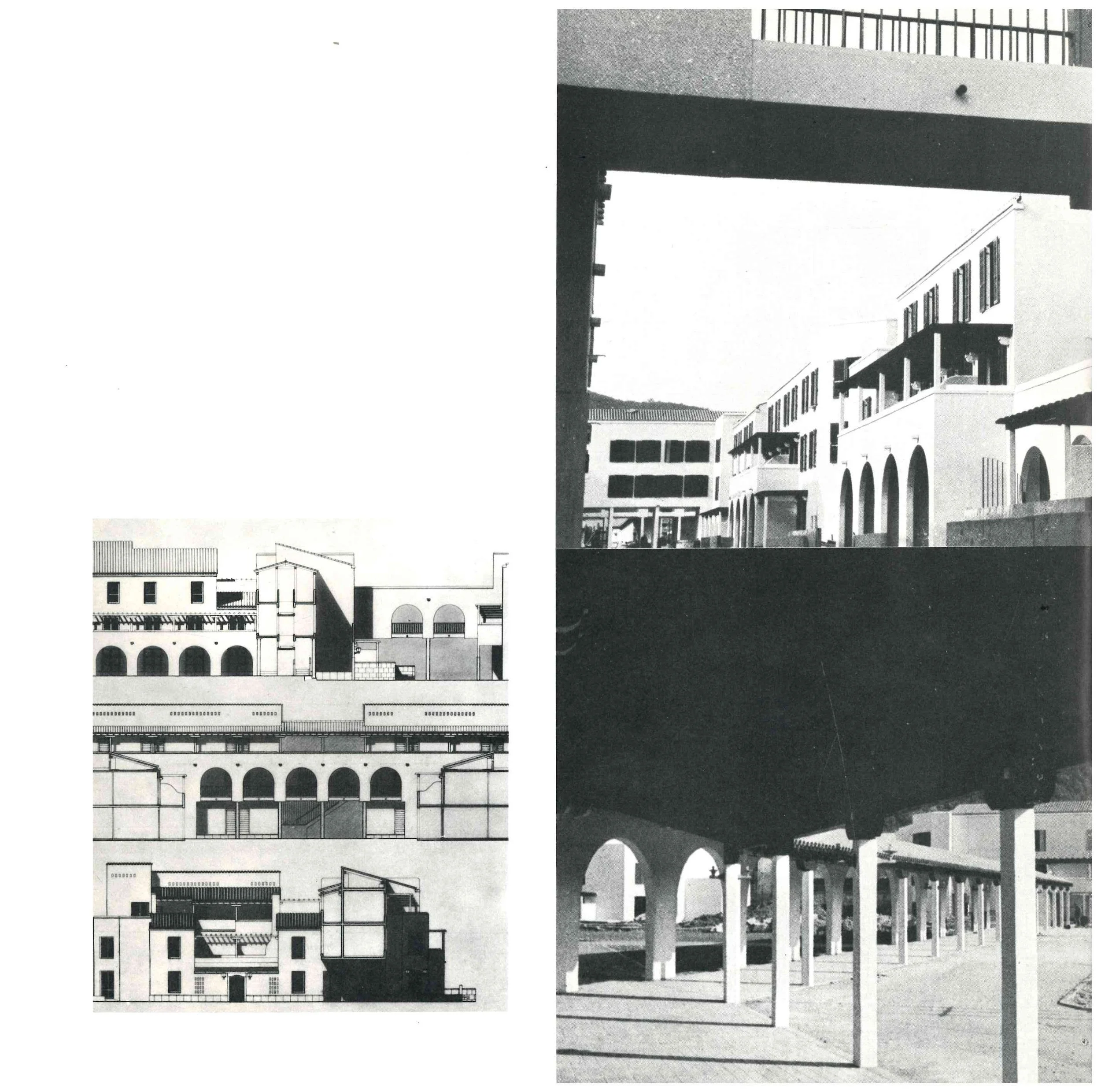 Black and white images of architectural designs, including building elevations, sections, and a photograph of a building with arches and balconies.