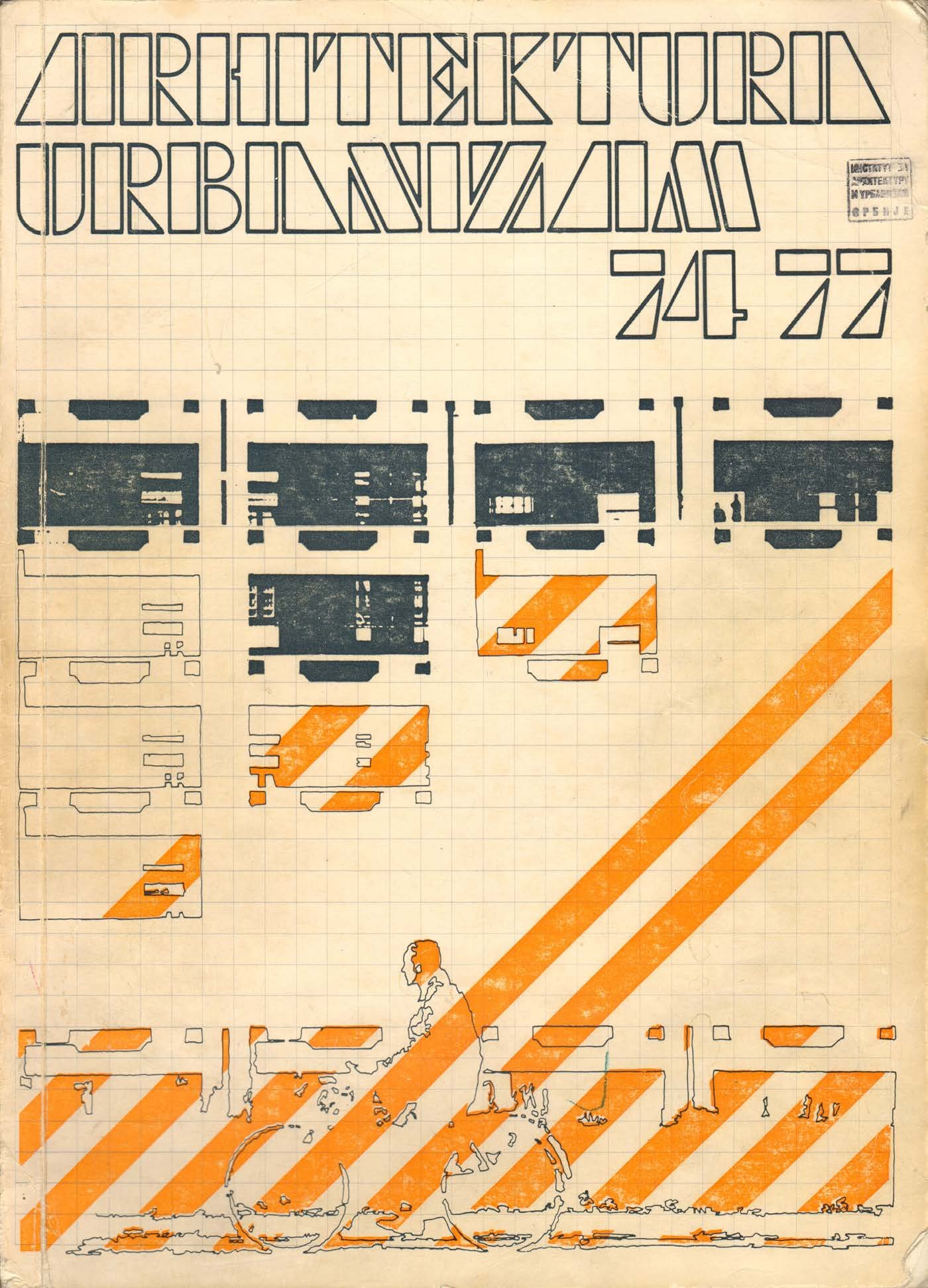 A vintage architectural or engineering blueprint with a grid background, featuring black and orange line drawings of building layouts and plans, including a side profile of a scooter or motorcycle in the lower section.