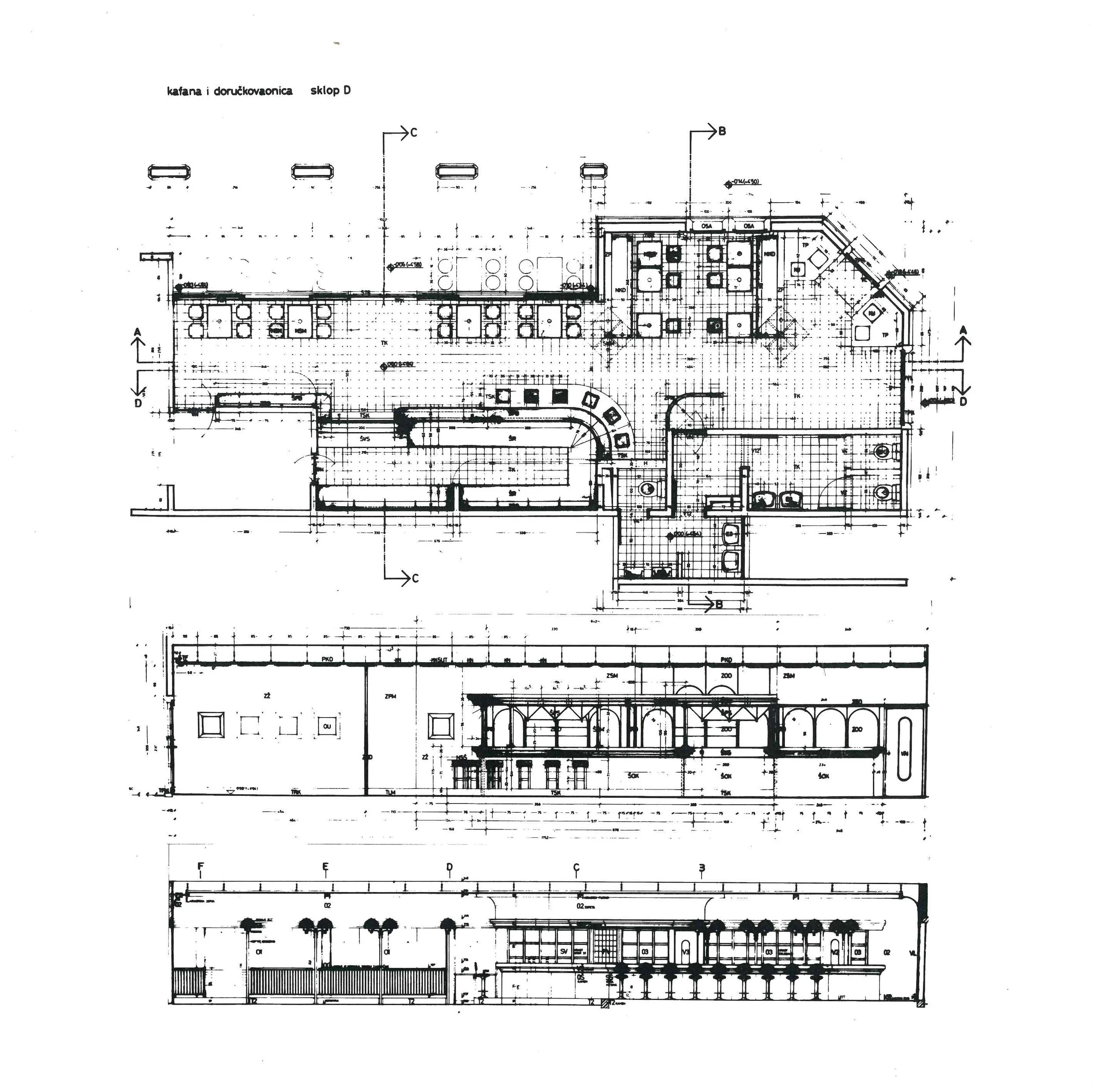 Architectural blueprint of a building floor plan with multiple rooms, furniture arrangements, and measurements.