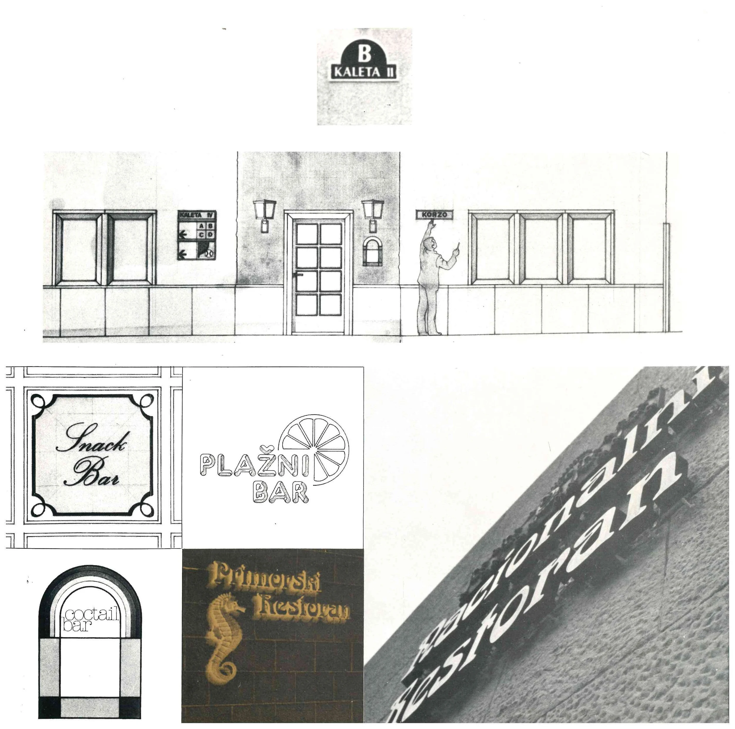 A collage of street signs and storefront signs, including a bus stop sign, a snack bar sign, a seahorse restaurant sign, and a cocktail bar sign, with a sketch of a building facade with windows, a door, and a person holding a sign.