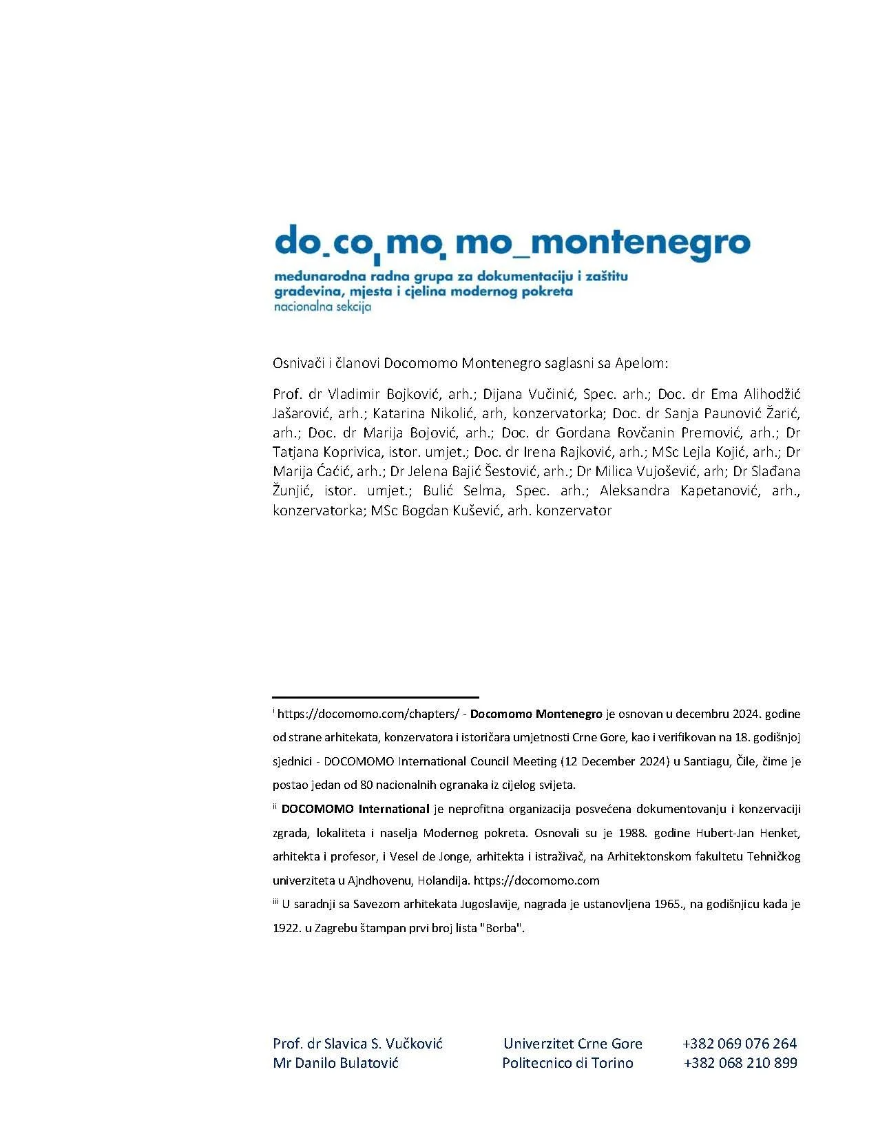 Title page of a document titled 'docomo_montenegro' with list of authors and organization information, including website links and contact details.