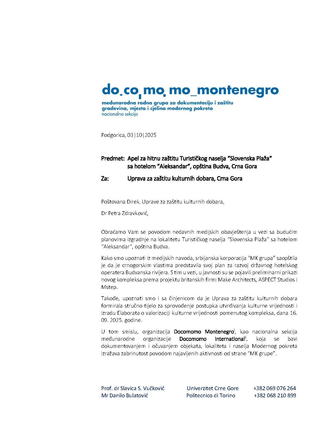 Official letter from Do.co.mo.mo Montenegro addressed to the Managing Authority for Cultural Heritage Protection of Montenegro, discussing upcoming construction plans at Slovenska Plaza hotel, Budva, Montenegro.