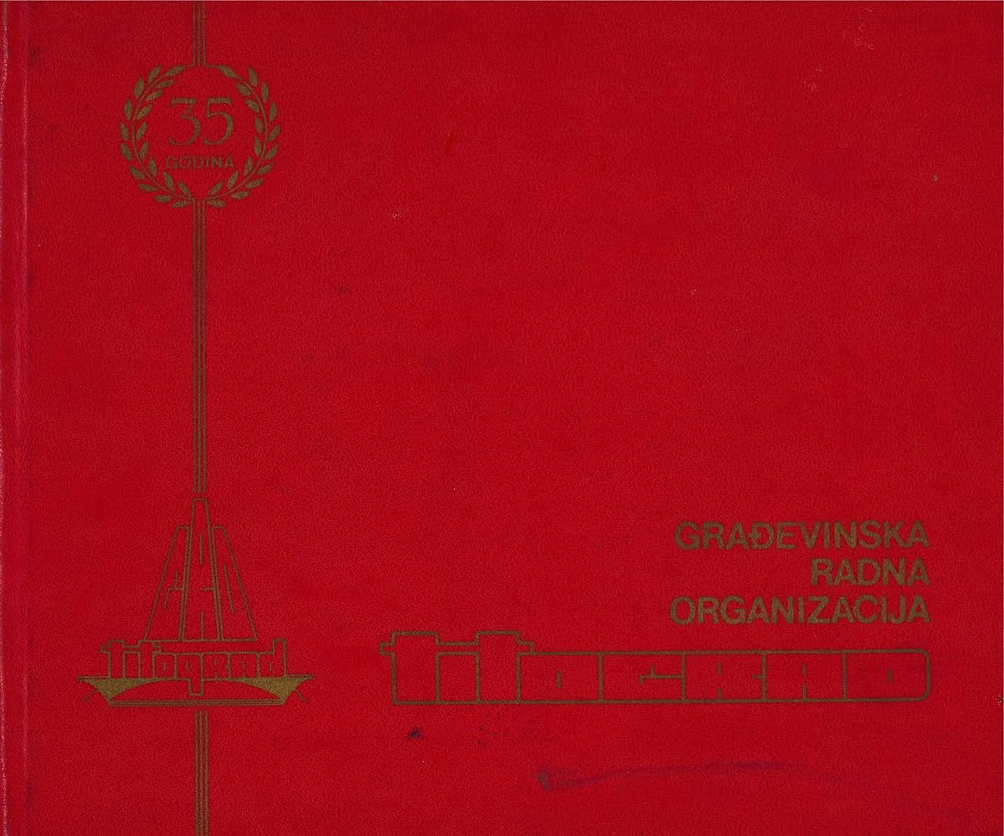 Red booklet cover with gold embossed text and illustrations. Features a crest with the number 35 inside a laurel wreath, and an outline of a monument or tower with the word 'MOPRA' and the name 'Trogir'. The text reads 'Građevinska Radna Organizacija Trogir'.