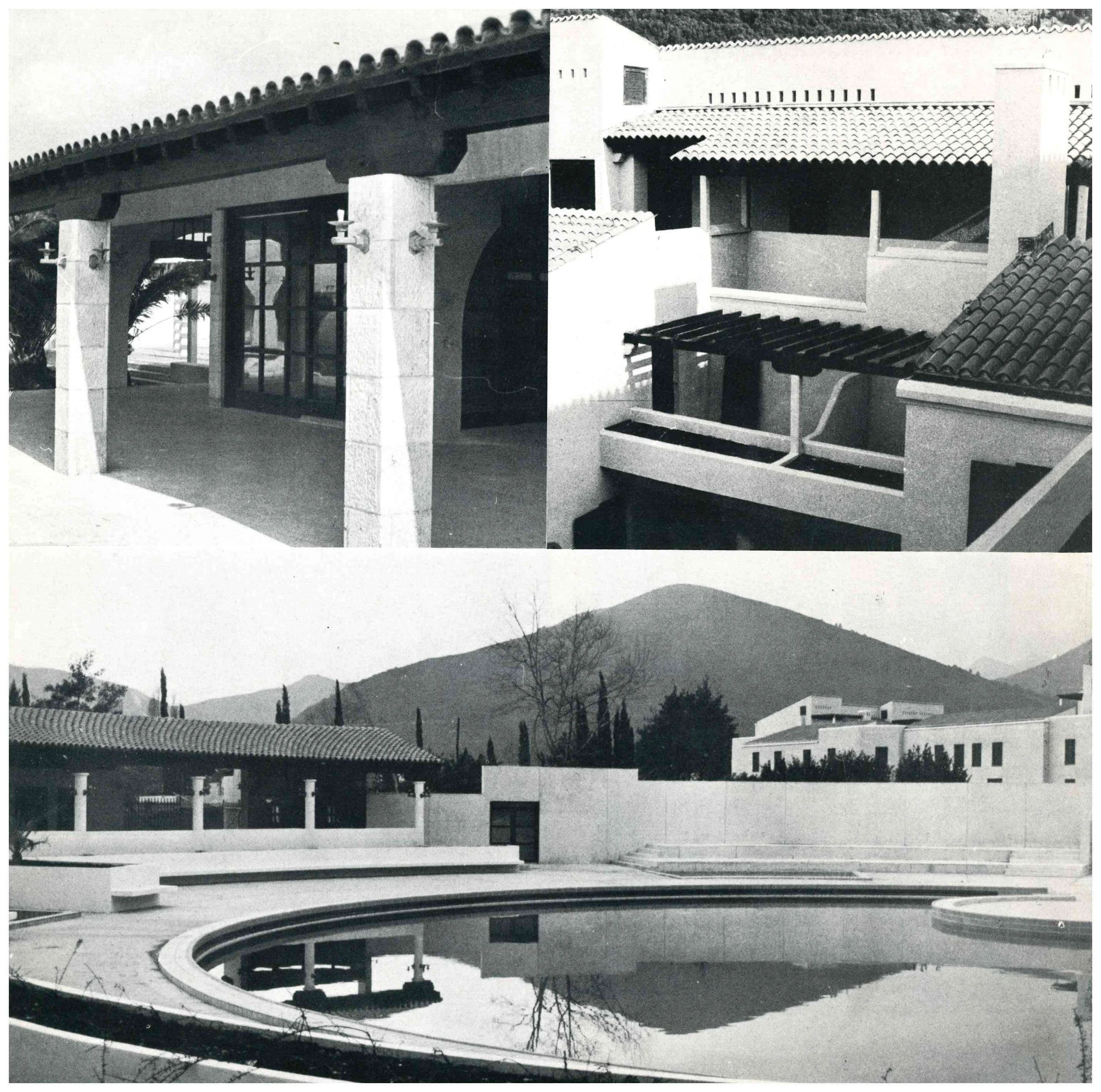 A collage of black and white photos of a modernist house with a swimming pool in front, showing architectural details such as curved walls, terraces, tiled roofs, and mountains in the background.