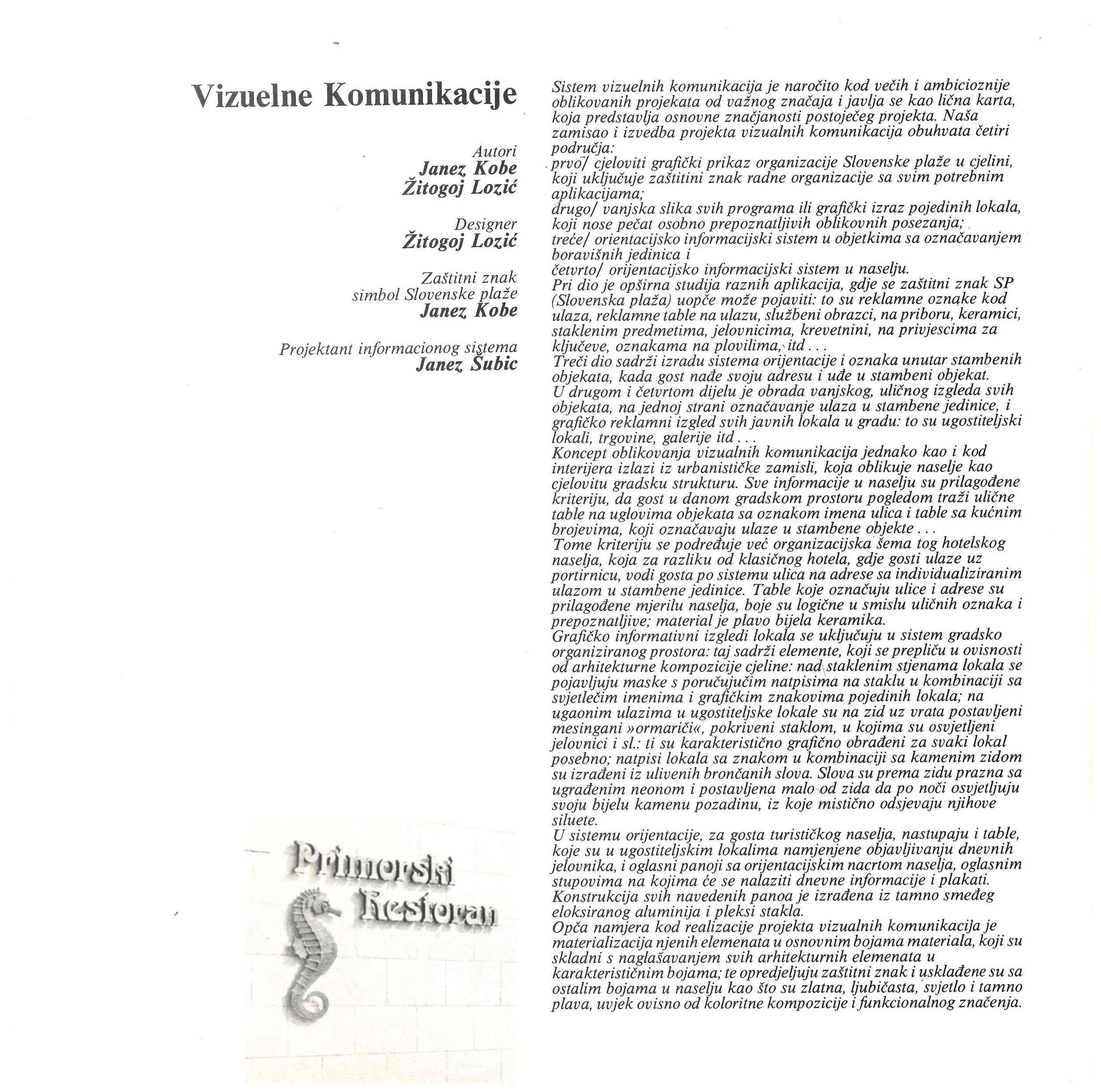 A document written in Serbian language titled "Visuelne Komunikacije" with author, designer, and system project credits. It contains detailed text and a logo at the bottom left that reads "Primorski Restoran" with a seahorse symbol.