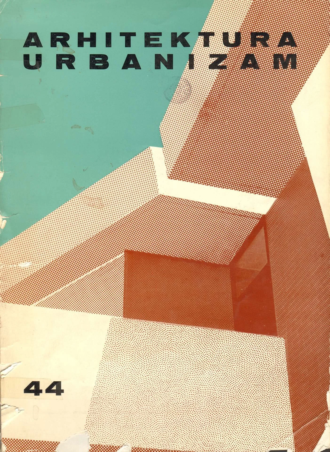 Cover of a book titled "Arhitektura Urbanizam" with abstract geometric shapes in beige, brown, and teal colors.