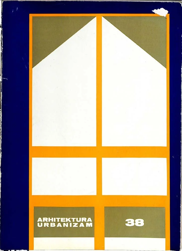 A magazine cover with an abstract architectural design, featuring geometric shapes and bold colors, with the title 'ARHITEKTURA URBANIZAM' and the number '38' in the lower right corner.