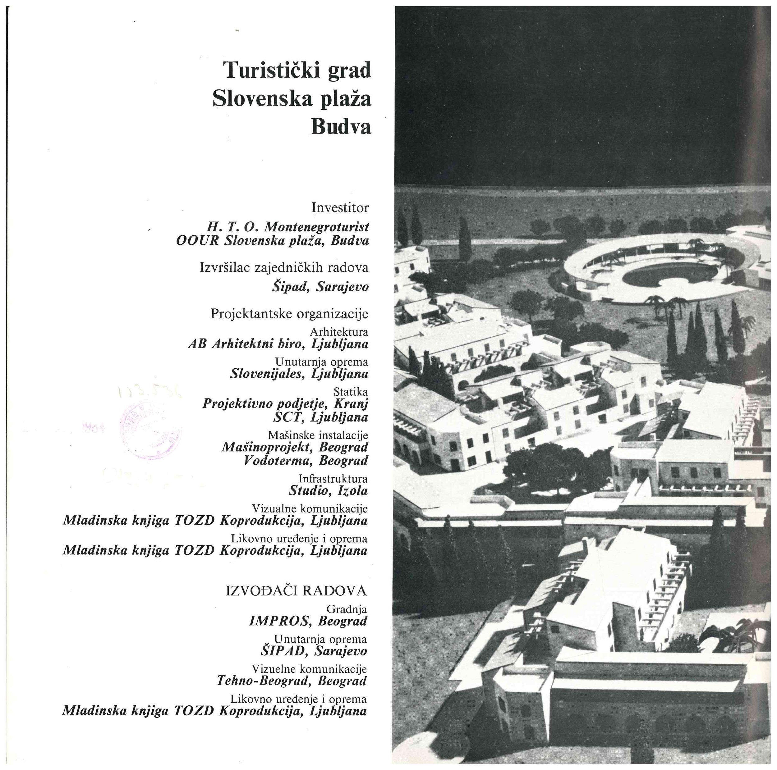Black and white brochure page with Slovenian text and an aerial architectural model of a town or city, showcasing modern buildings, roads, and landscaping features.