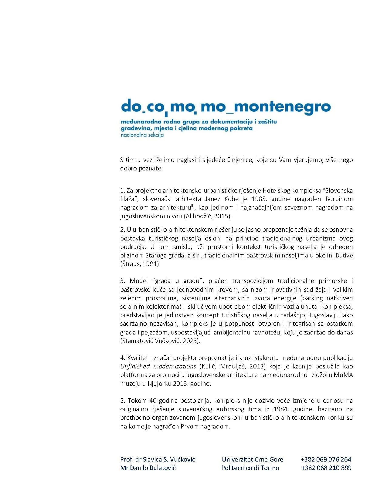 Document in Serbian language with the title 'do.co.mo.mo_montenegro' discussing architecture, urban development, and project recognition, featuring a list of key facts and references with contact information at the bottom.