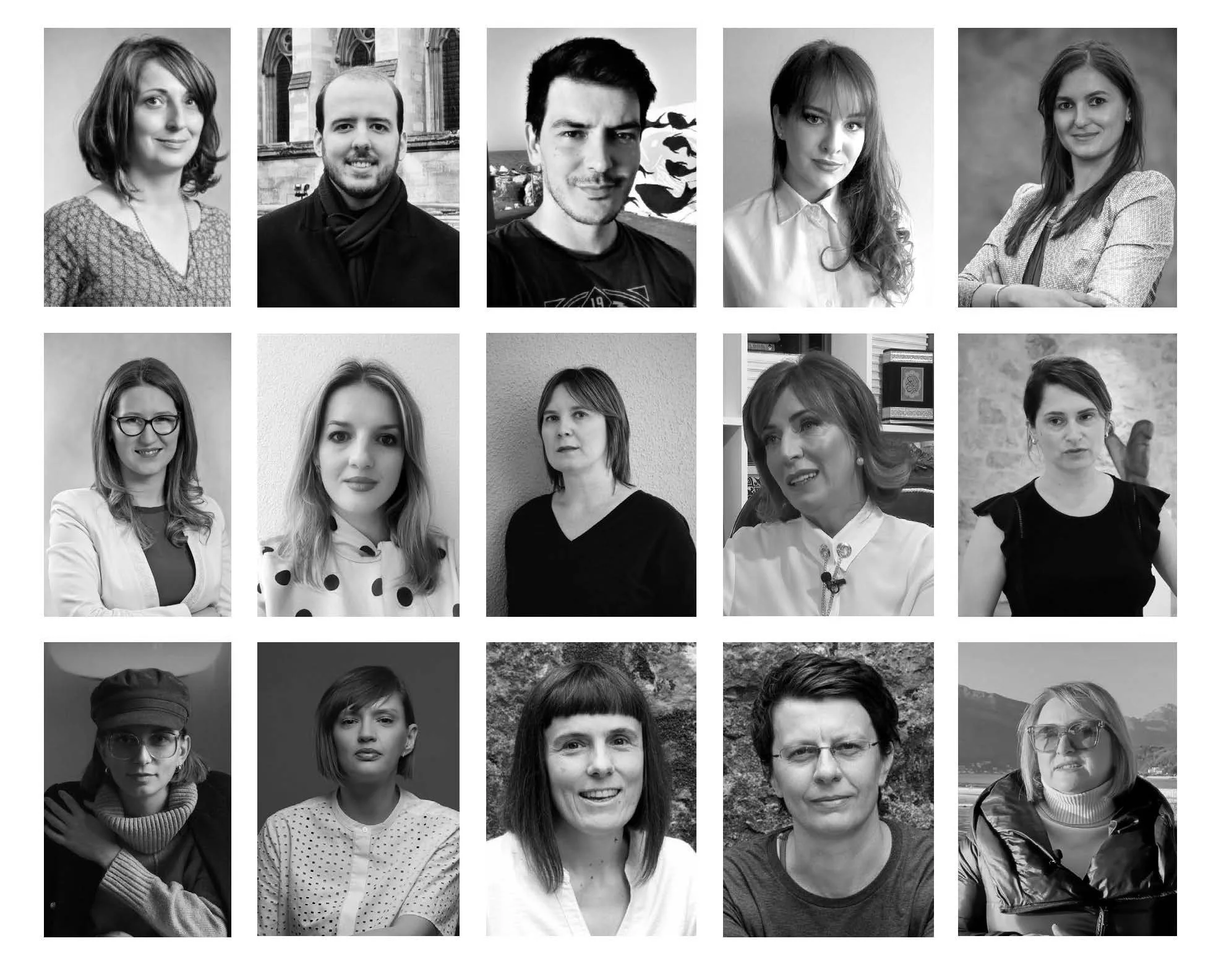 A collage of 15 black and white portrait photos of men and women, arranged in three rows and five columns, with diverse backgrounds and expressions.