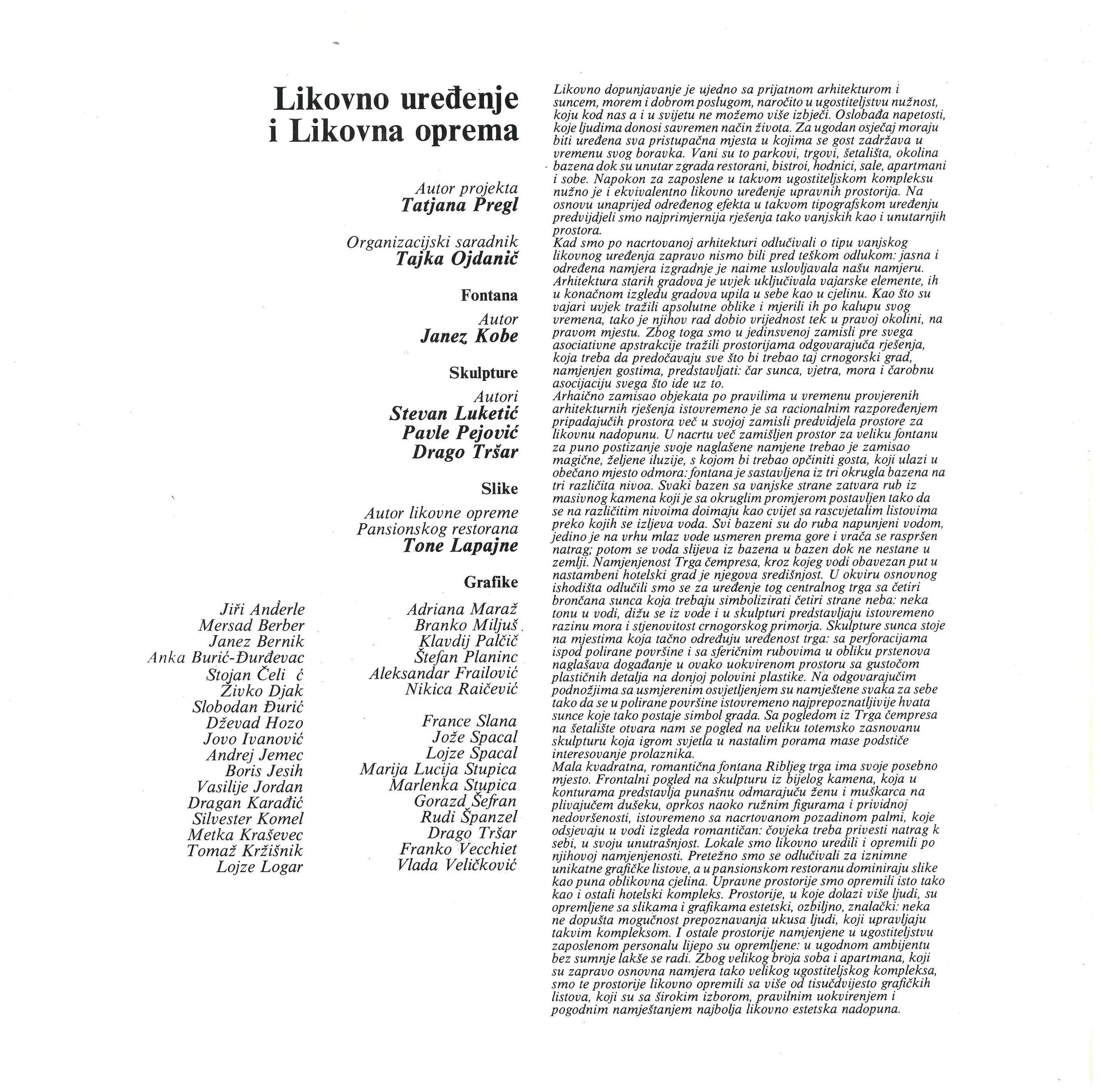 Page with text in Serbian language, including titles and names, discussing architectural ornamentation, sculptures, and graphic designs, authored by various individuals.