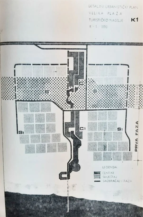 A detailed urban planning map of Velika Plaža tourist settlement, showing different zones and structures, with a legend indicating central, residential, traffic, and phase areas, as well as labeled sections and street names.