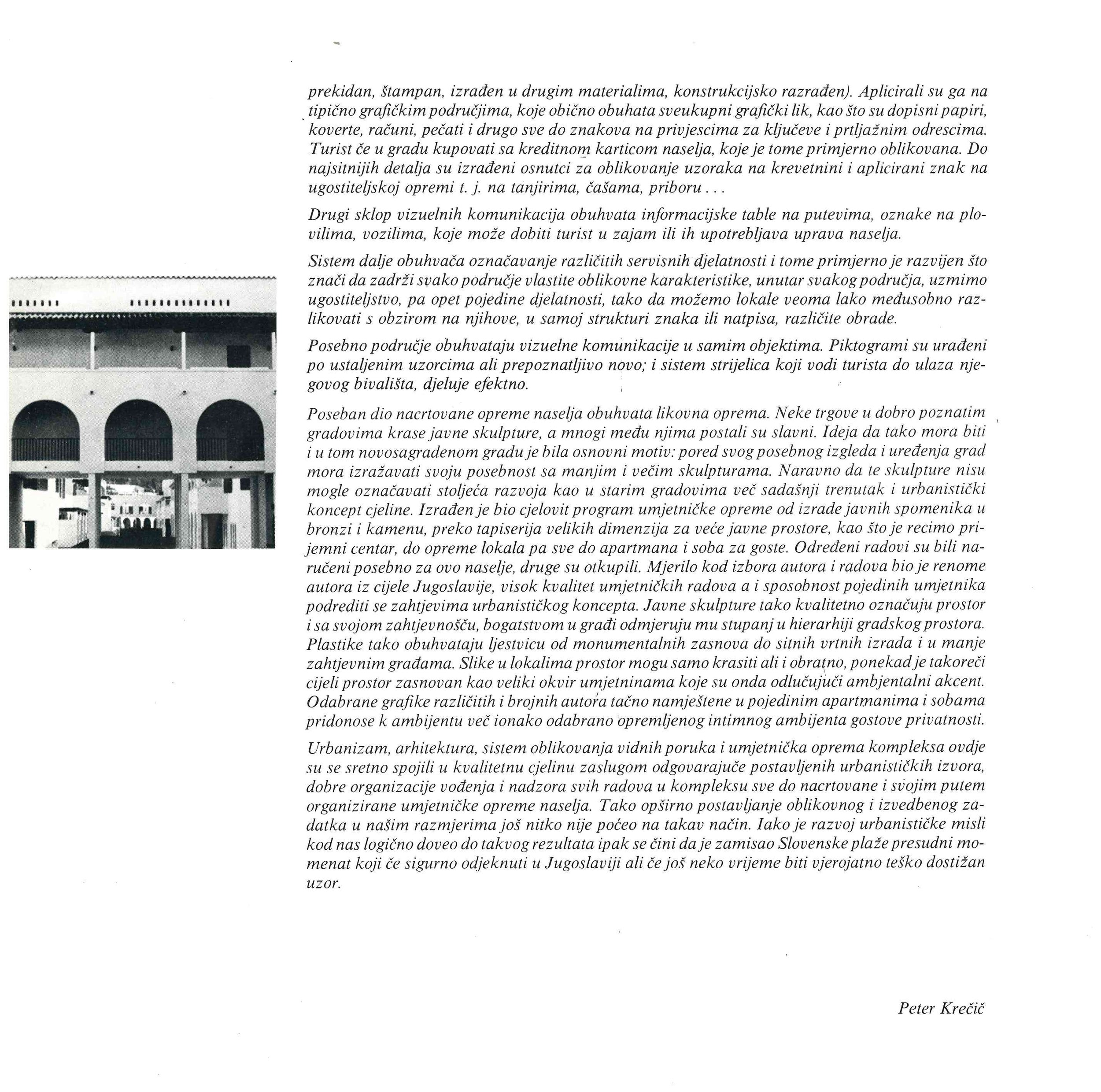 Black and white photograph of a building facade with arches and balconies, accompanied by a block of text in a different language.
