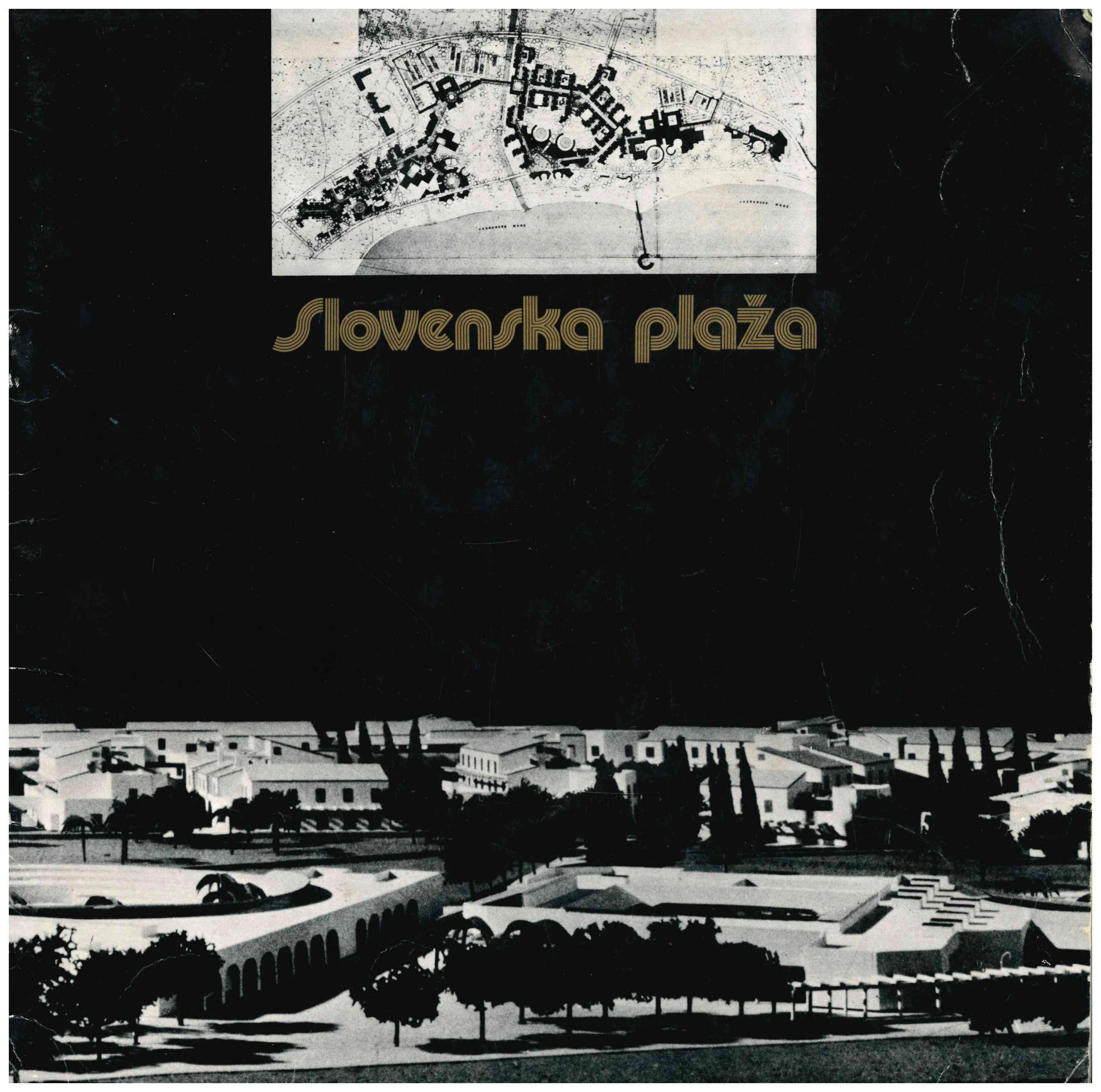 Black and white map drawing of the Slovenska Plaza with a title in Cyrillic script. The map depicts a layout of buildings and roads. The lower part of the image shows a landscape with white buildings, trees, and a curved pathway, resembling a scenic 