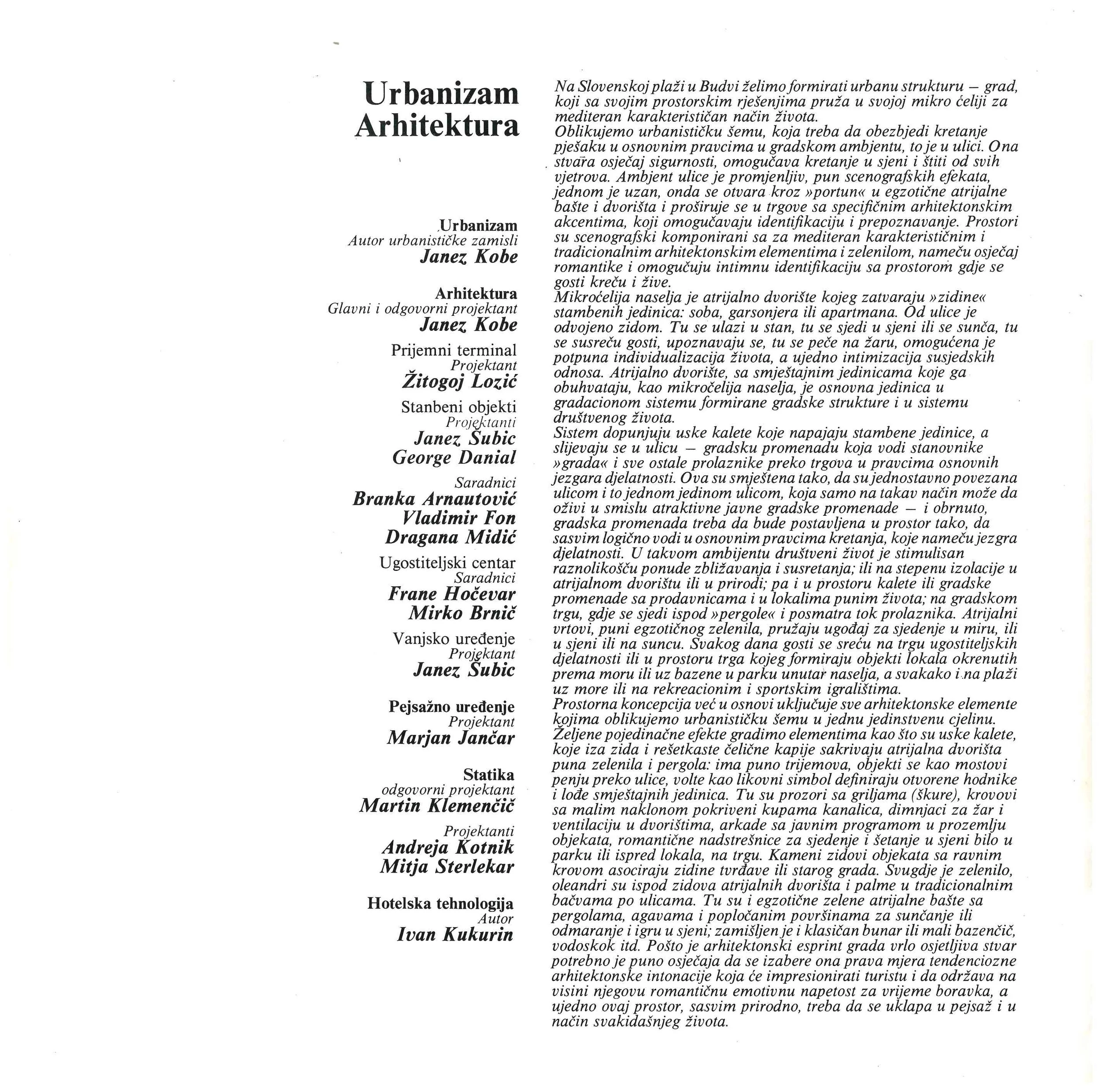 Page with the title "Urbanizam Arhitektura" and a paragraph of text. The left side lists names and roles related to urbanism and architecture, including Janez Kobe and Ivan Kukurin.