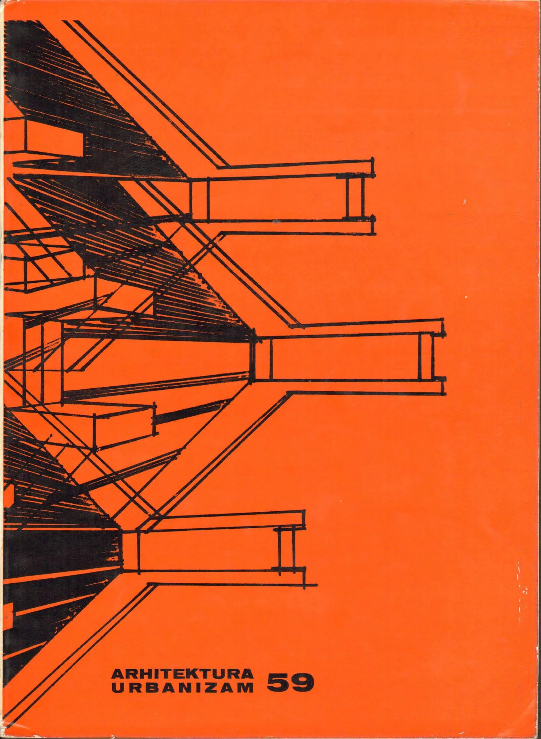 Cover of a book or magazine titled 'Arhitektura Urbanizam 59' with a black line drawing of architectural structures on an orange background.