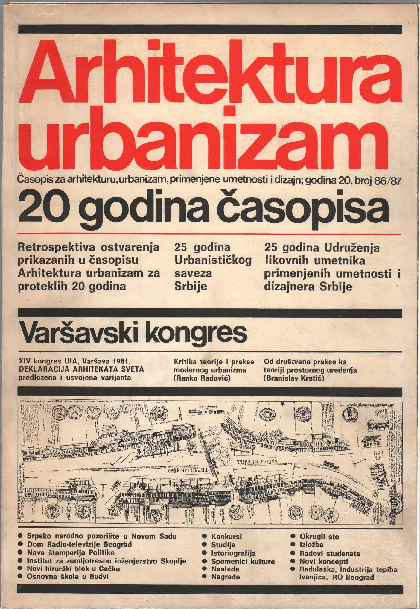 Cover page of a vintage magazine titled 'Arhitektura urbanizam', marking 20 years of the magazine, featuring a section on the Warsaw Congress in 1981, with an architectural drawing of a city plan at the bottom.