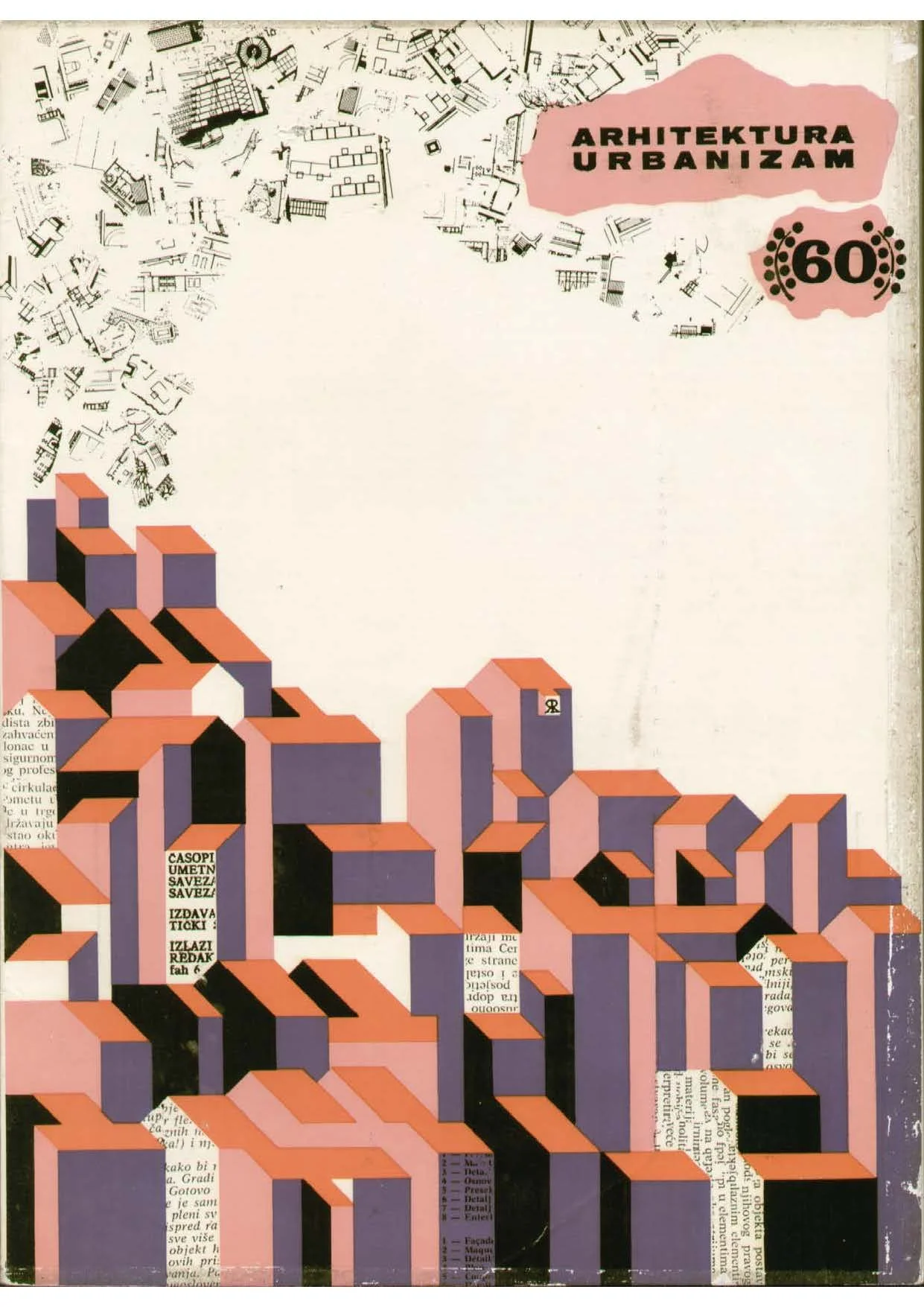 Cover of a magazine titled 'Arhitektura Urbanizam' featuring an illustration of a geometric cityscape with blocks in shades of pink, purple, and black. The background includes a partial map and collage elements, with some text in the bottom left corn