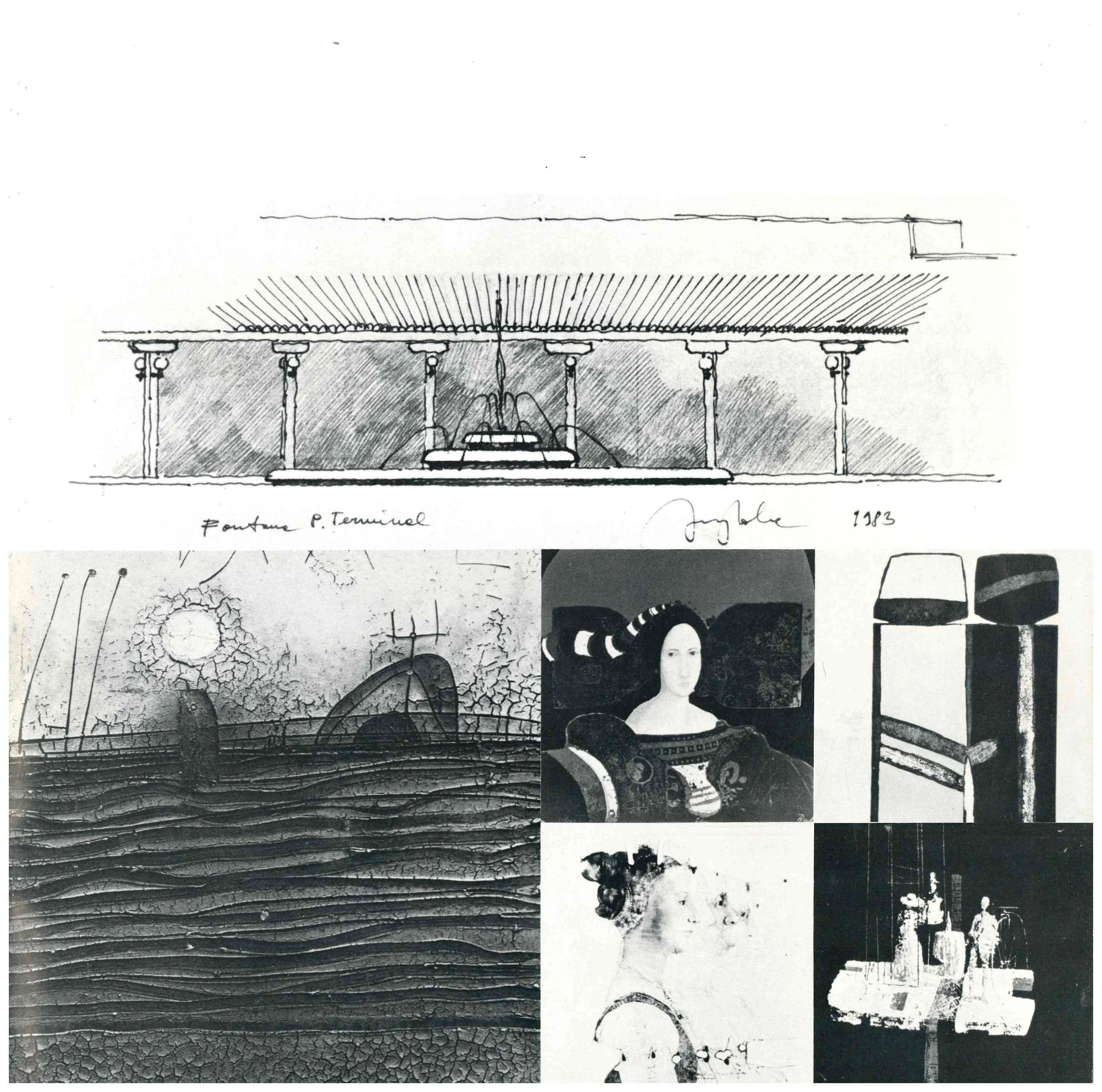 Sketches and collages of various art pieces, including a fountain design, textured landscapes, portraits, and sculptures, with some handwritten notes and signatures.