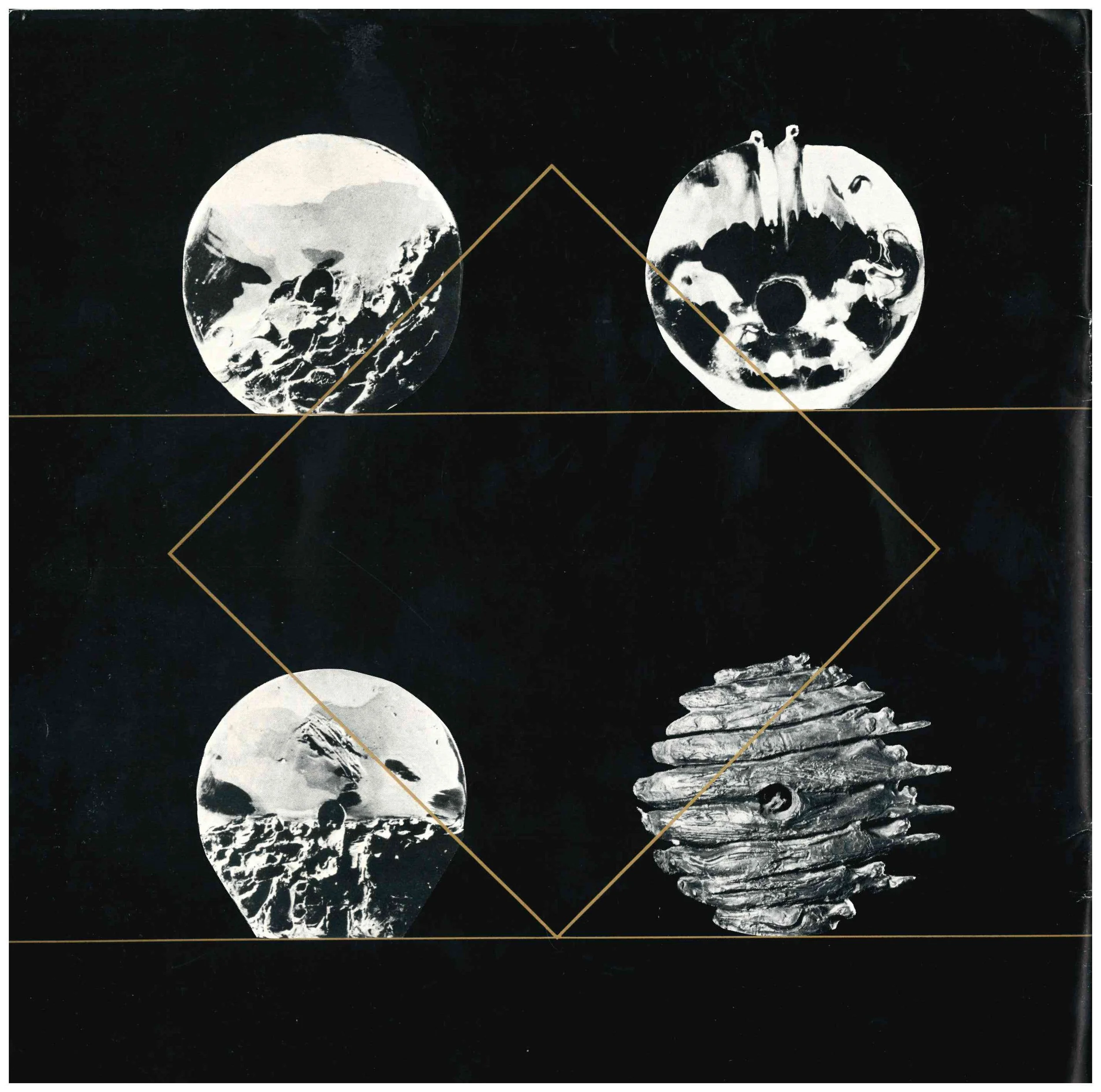 Black background with four circular abstract art images arranged in a square pattern and connected by thin gold lines. The images feature black and white textures resembling celestial bodies, moons, or geological formations, with one shaped like a pi