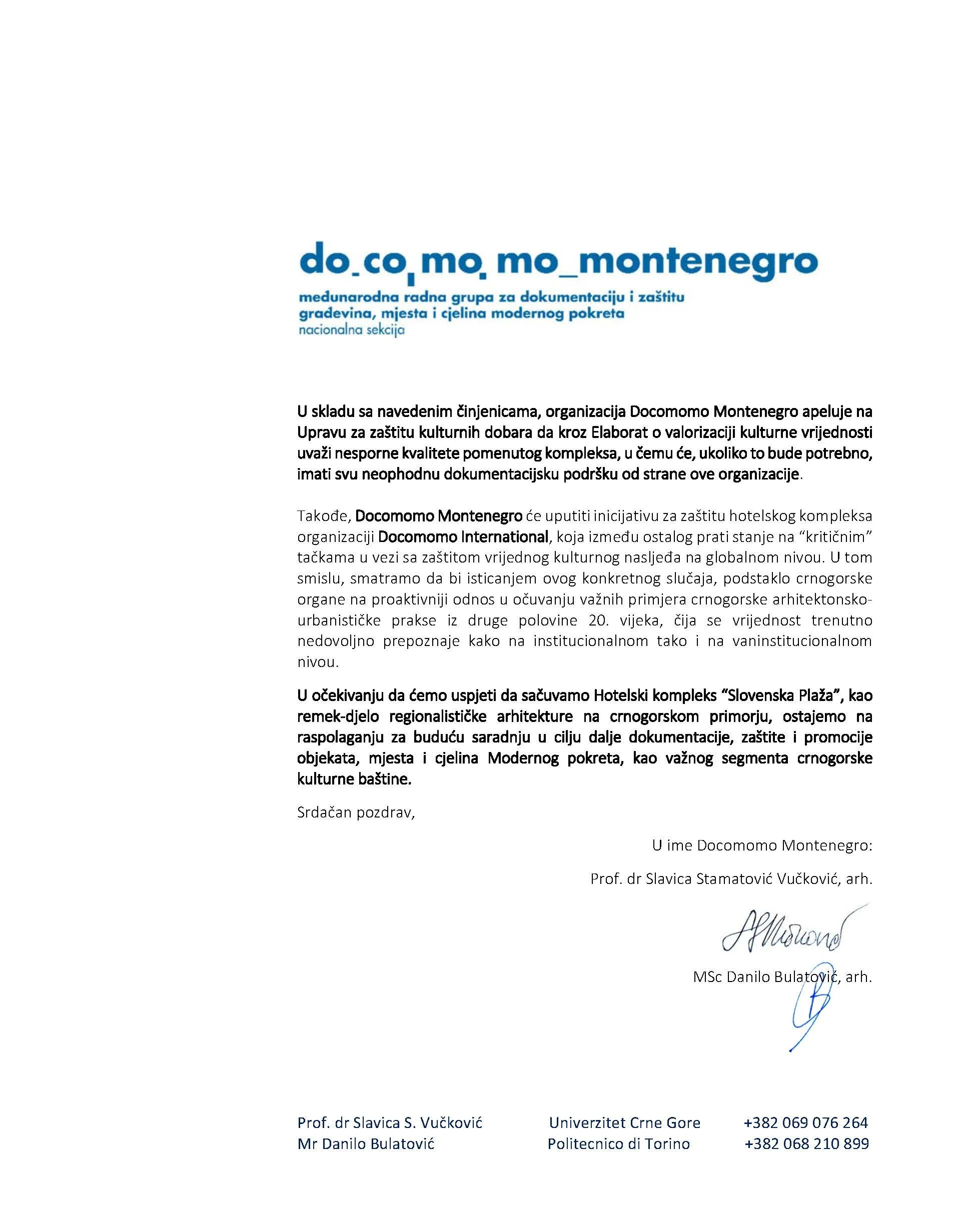 Letter from Docomomo Montenegro advocating for cultural heritage conservation, signed by architecture professionals.