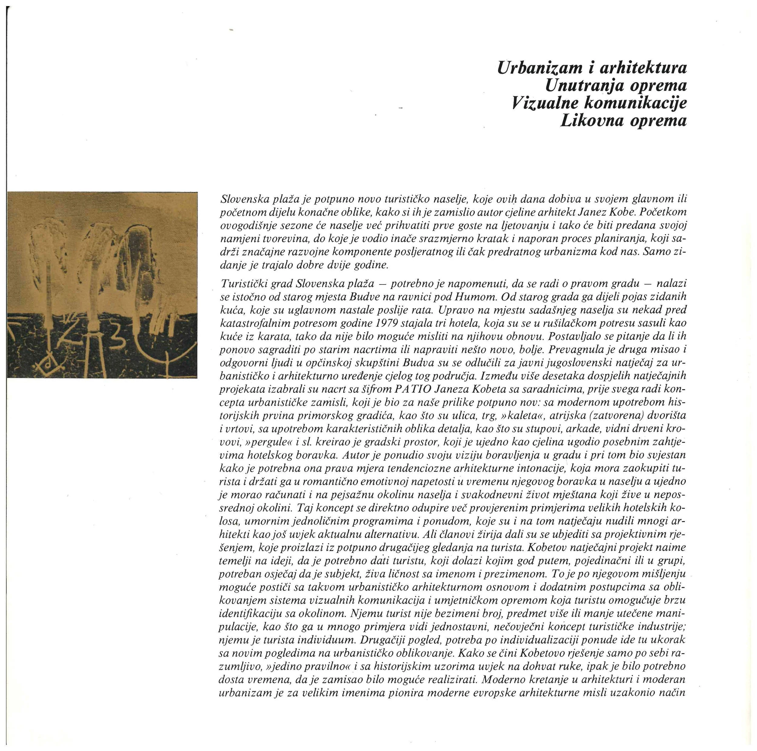 A page of text in Serbian discussing urbanization and architecture in Kotor, with a small sepia-toned image of a fountain or monument.