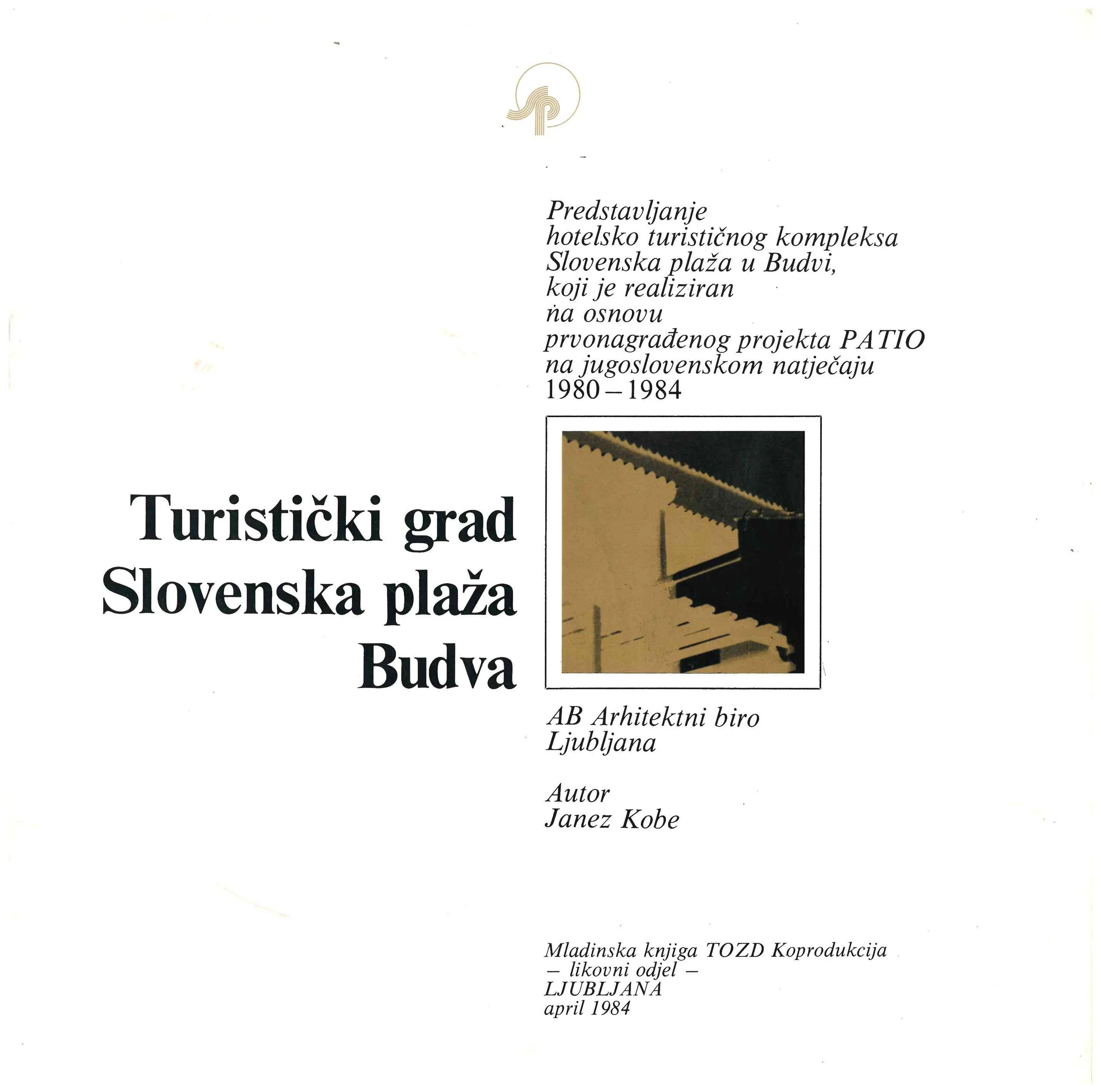 Cover page of a publication featuring a photo of a building's architectural detail with a yellow wall and black roof, and text in Slovene about a hotel complex and tourism project in Budva, Slovenia.