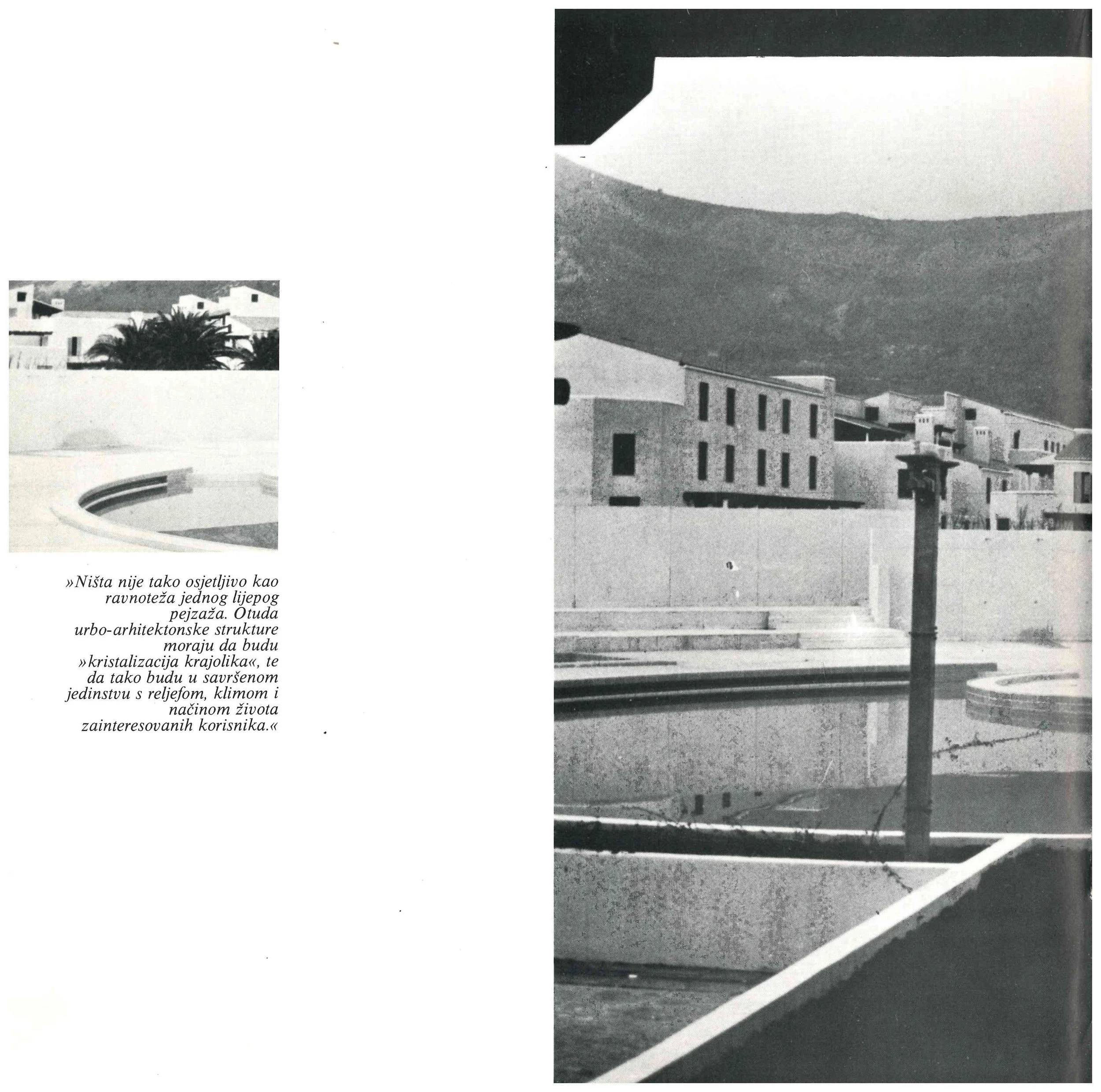 Historic black and white photograph of modern architecture by a mountain landscape, displaying buildings with simple geometric forms, a swimming pool, and a tall chimney-like structure. The left side contains a quote in Croatian discussing architectu
