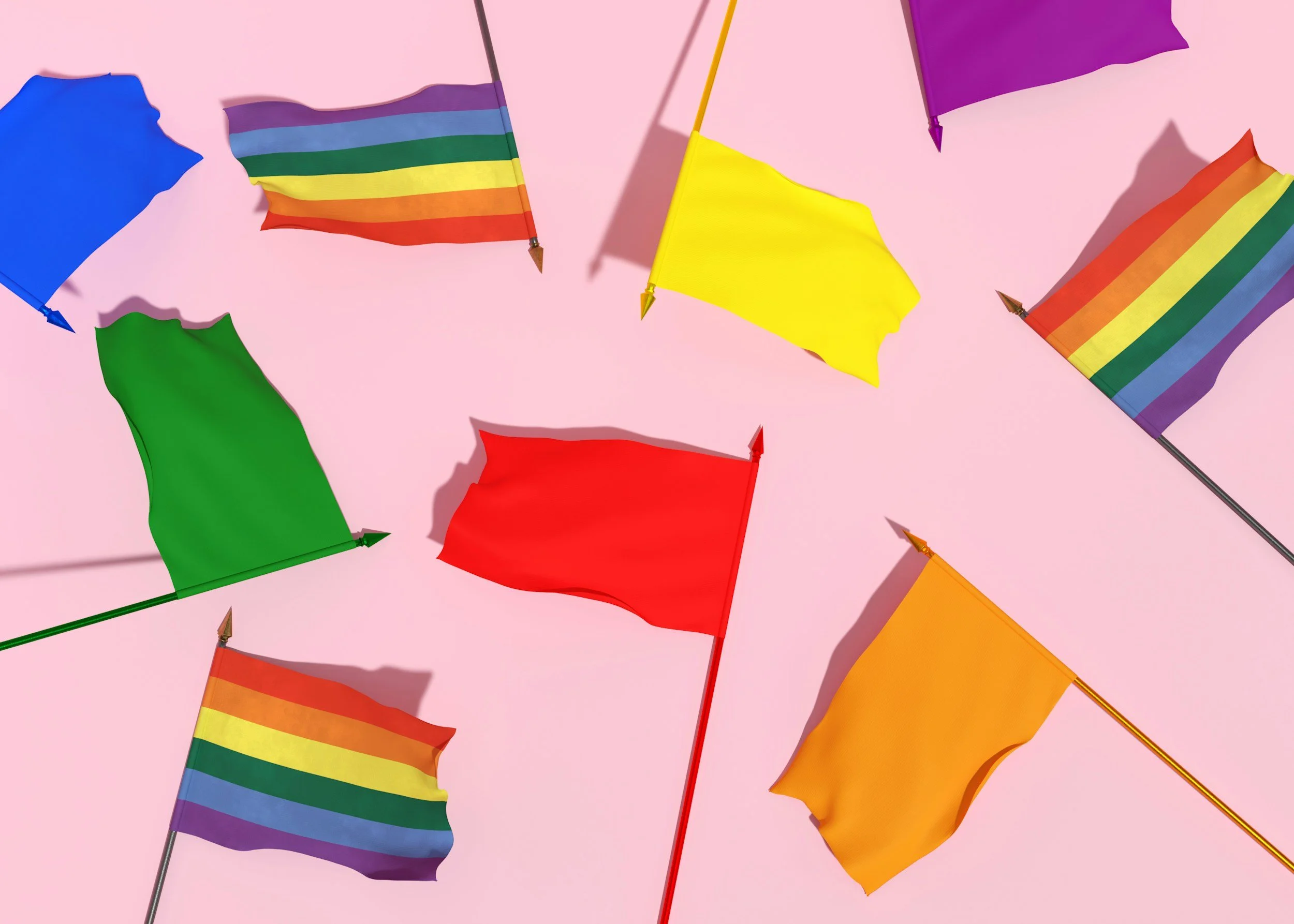Multiple small flags on a pink background, including rainbow pride flags and solid-colored flags in blue, green, yellow, red, and purple.