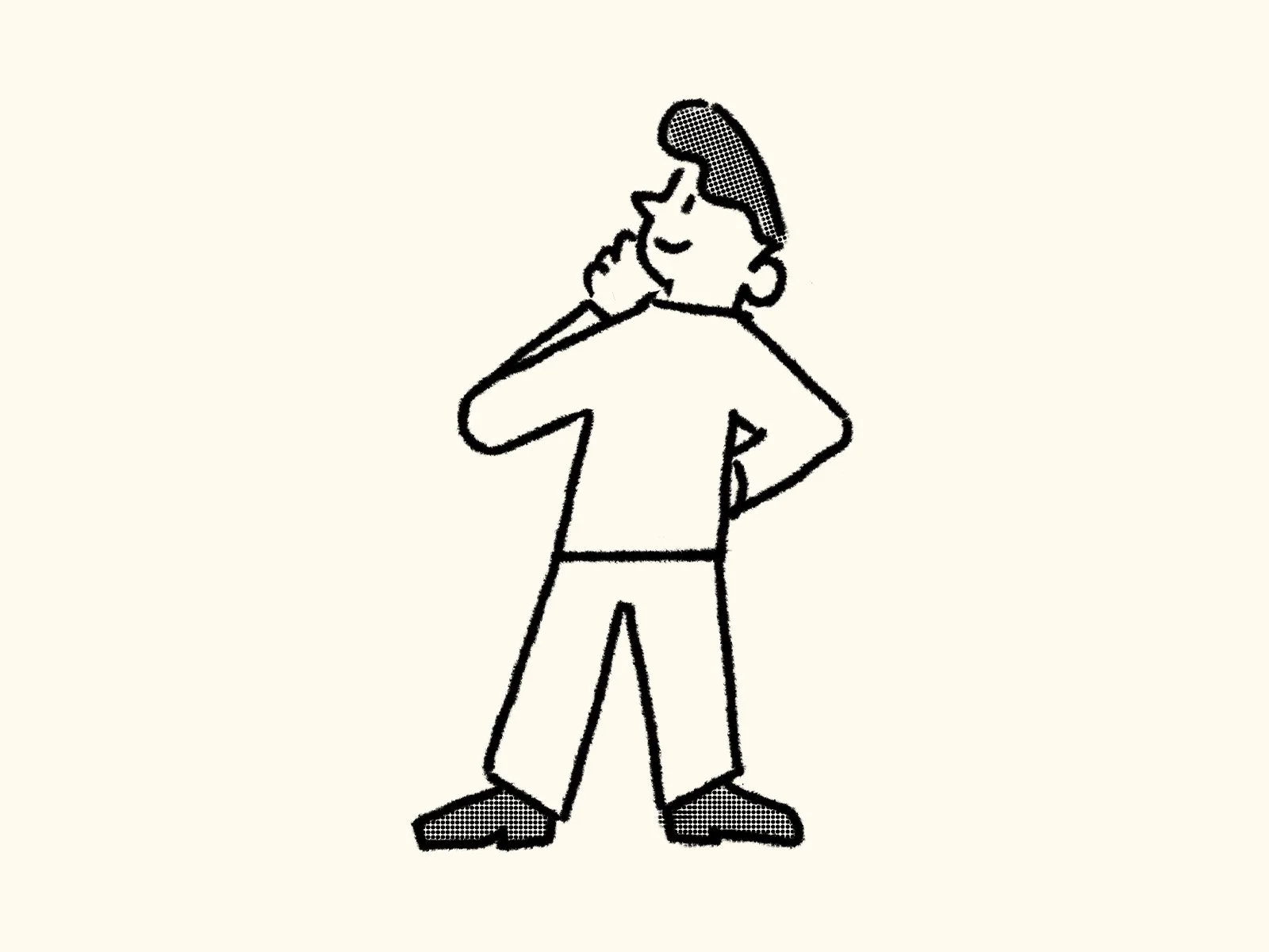 A simple black and white line drawing of a person standing with one hand on their hip and the other hand touching their face, smiling and looking thoughtful.