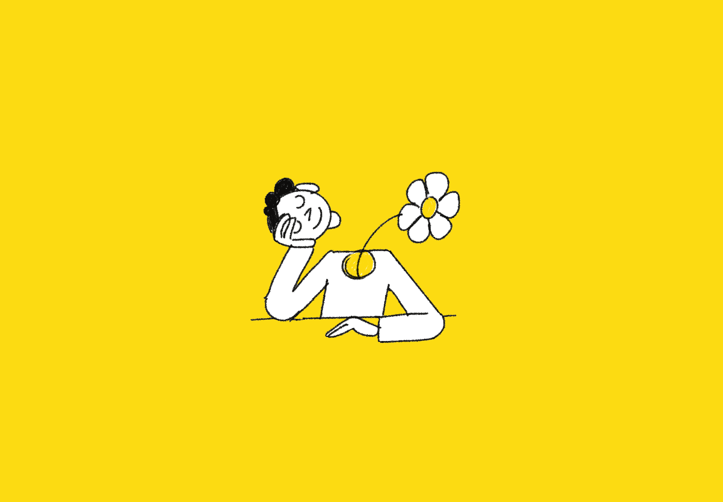 Illustration of a person with a flower for a head, resting their chin on one hand, against a yellow background.