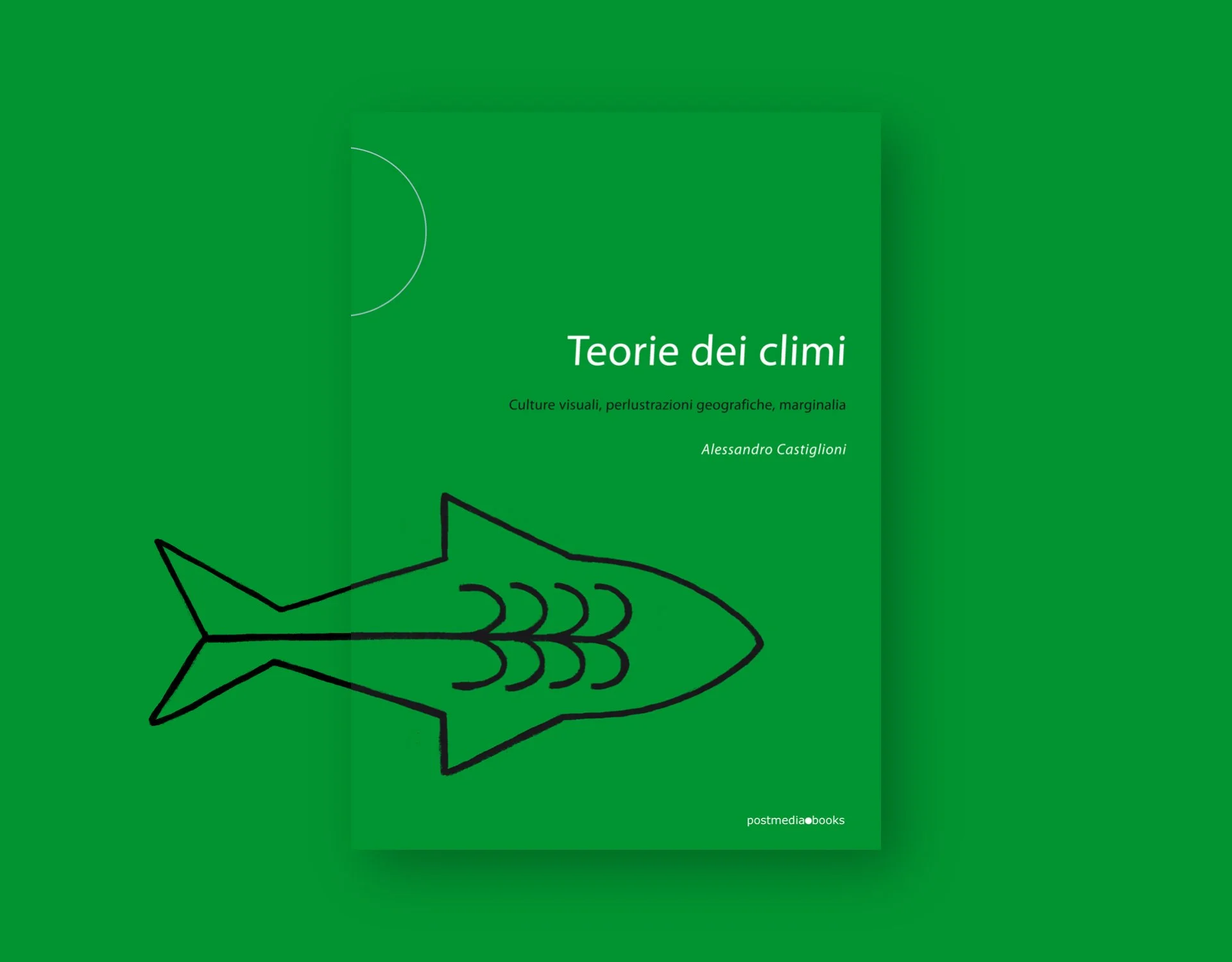 Green book cover with the shape of a shark with a palm as fishbones