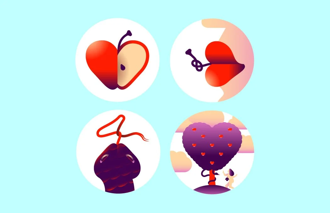 Four digital illustrations of heart-shaped fruits, including a sliced apple, the mouth of a woman tying the stem of a cherry, the head of a black snake, and a heart-shaped tree with small heart-shaped leaves at sunset.