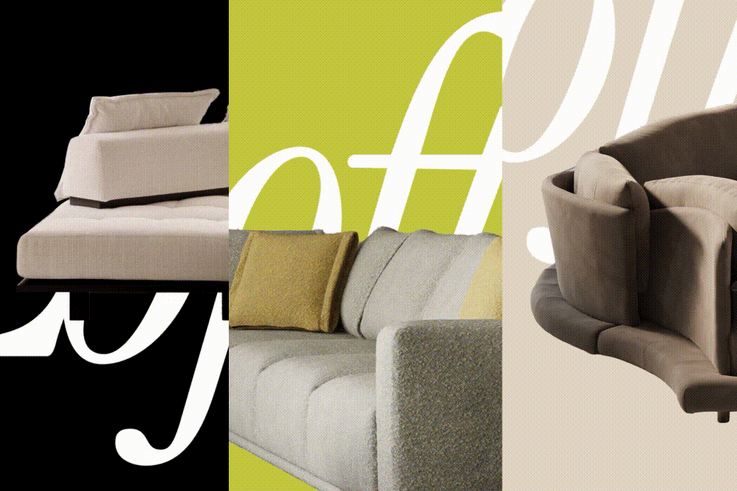 Collage of various sofas and armchairs with a green and black background with white stylized text.