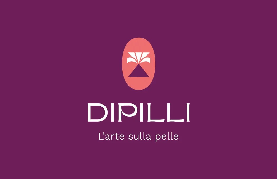 DIPILLI logo with an abstract graphic above the brand name and Italian tagline 'L'arte sulla pelle' on a purple background.