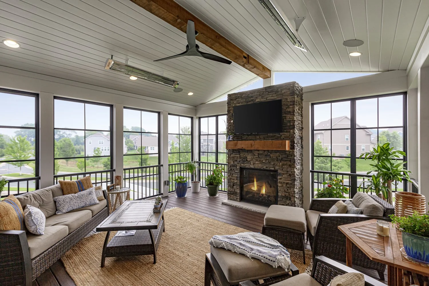 Luxury Three-Season Porch &amp; Covered Deck with Fireplace and Heaters | Eagan, MN