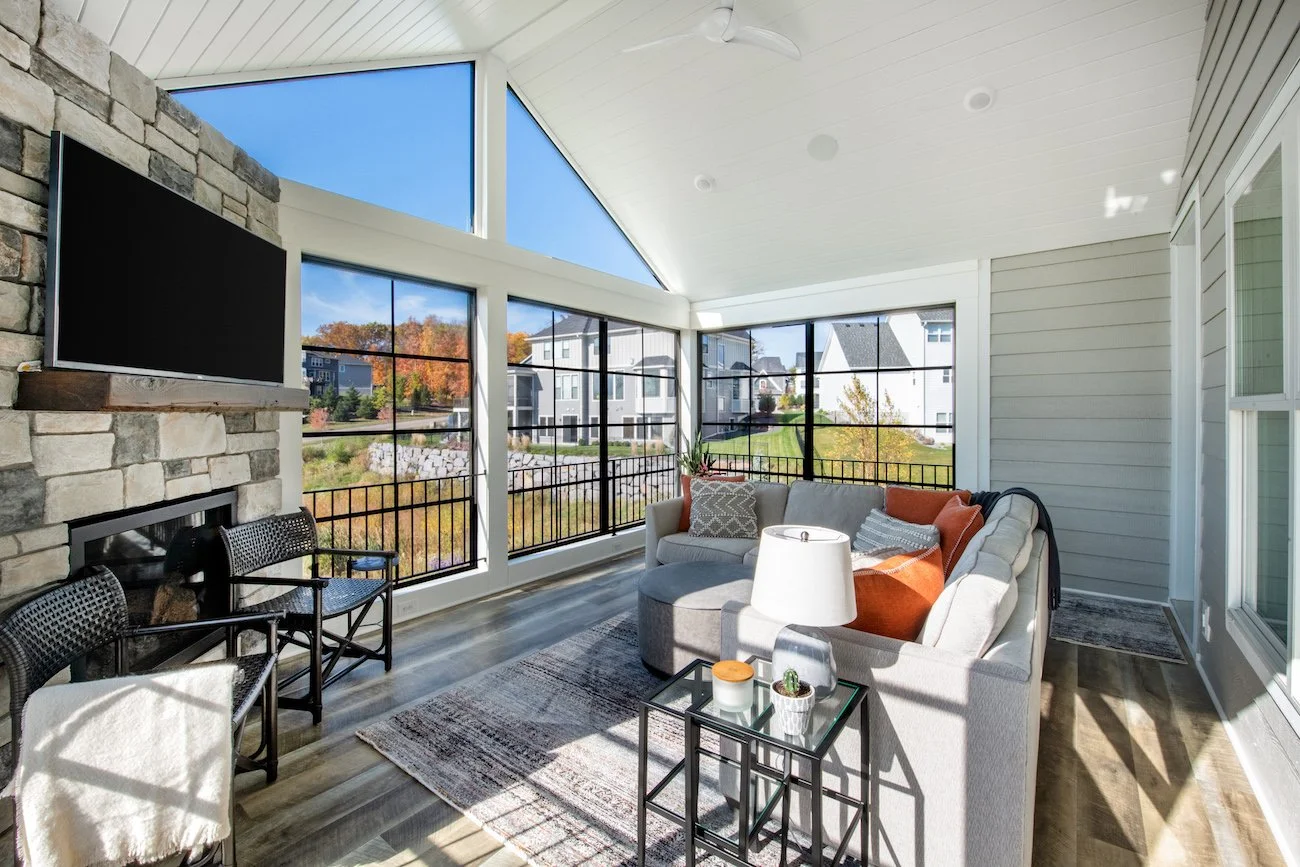 Three-Season Porch with Vaulted Ceiling &amp; Corner Fireplace | Plymouth, MN