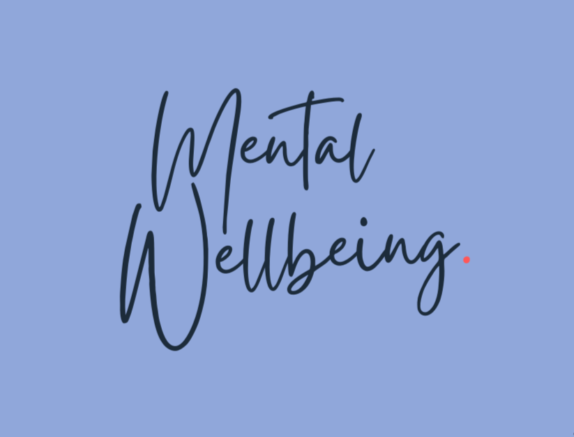 Text that reads 'Mental Wellbeing' on a light blue background with a small red dot at the end.