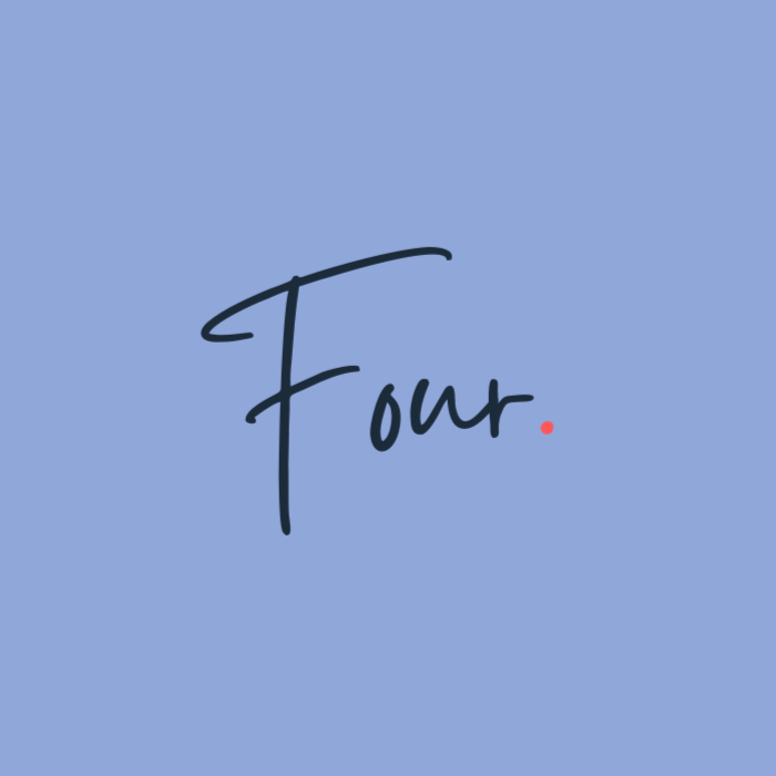 Stylized handwritten text that says 'Four' on a light blue background.