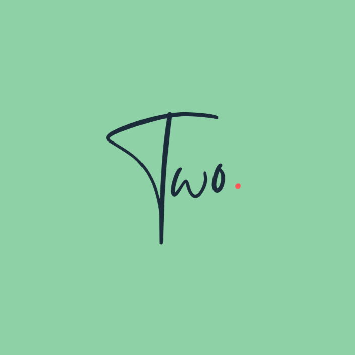 Stylized handwritten word 'Two' with a period on a light green background.