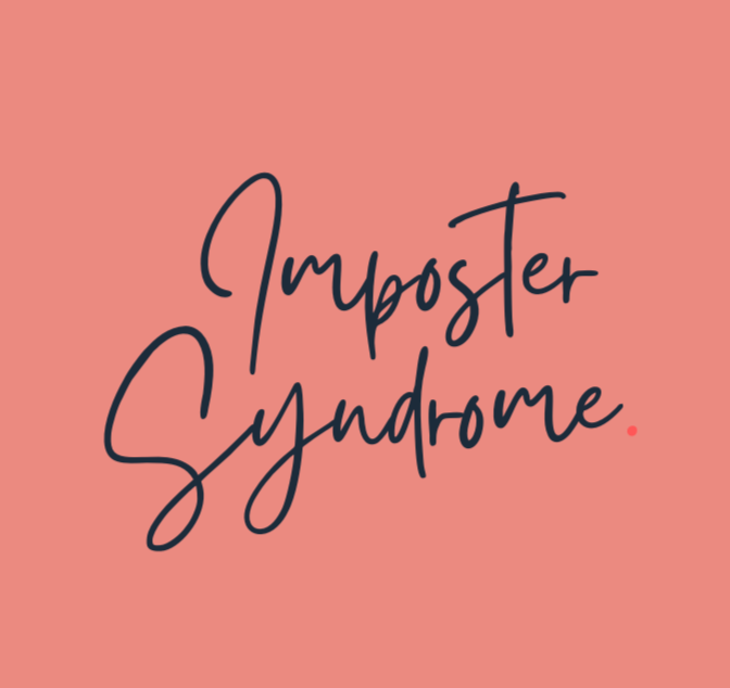 Pink background with black handwritten text reading 'Imposter Syndrome' and a small red dot.