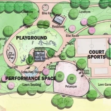Map of a park showcasing a playground, performance space, court sports, picnic tables, sand play area, a shelter with tables, bike racks, restrooms, and various trees and vegetation.