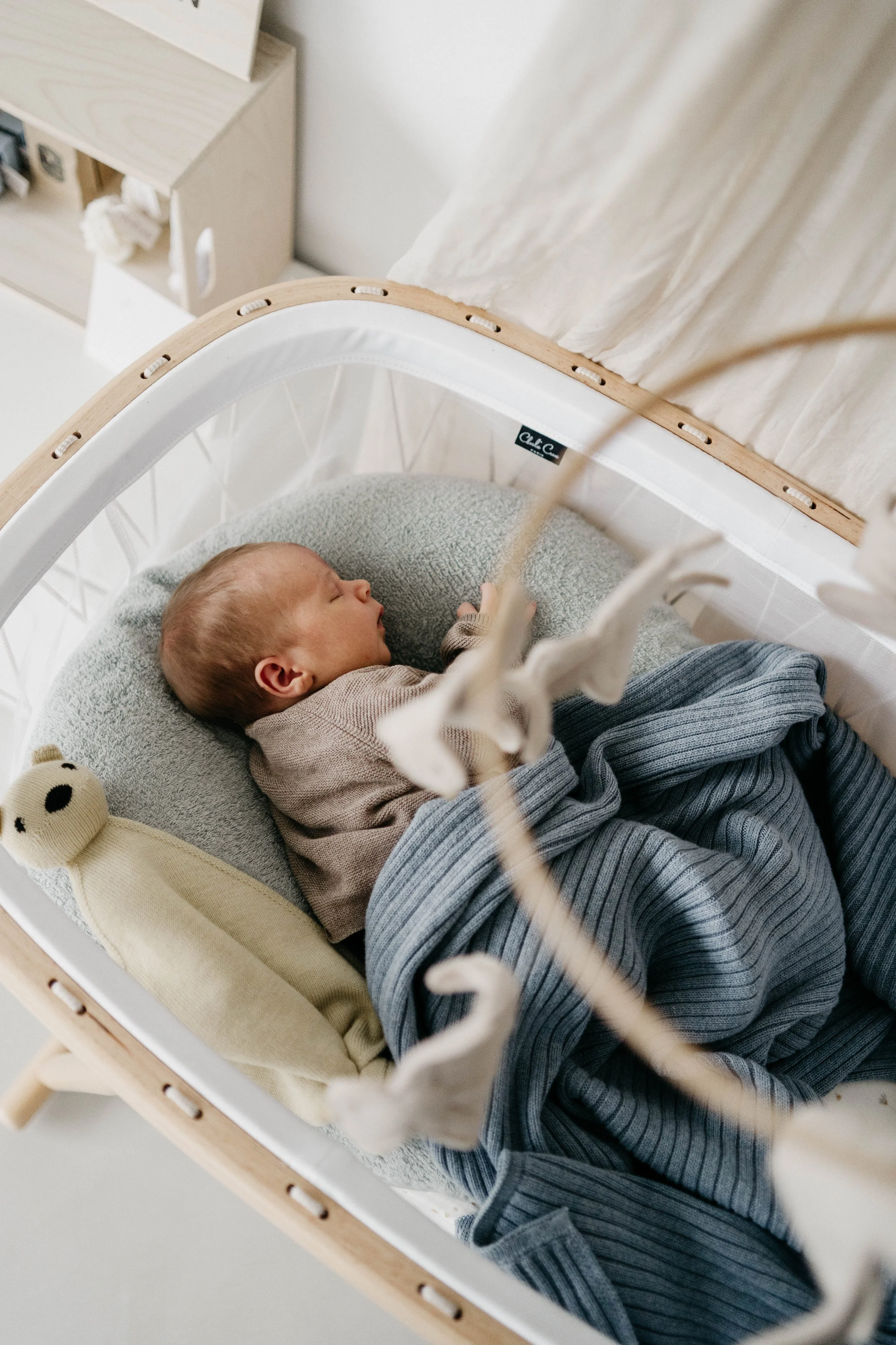 A sleeping baby inside a bassinet with a teddy bear and soft blankets.