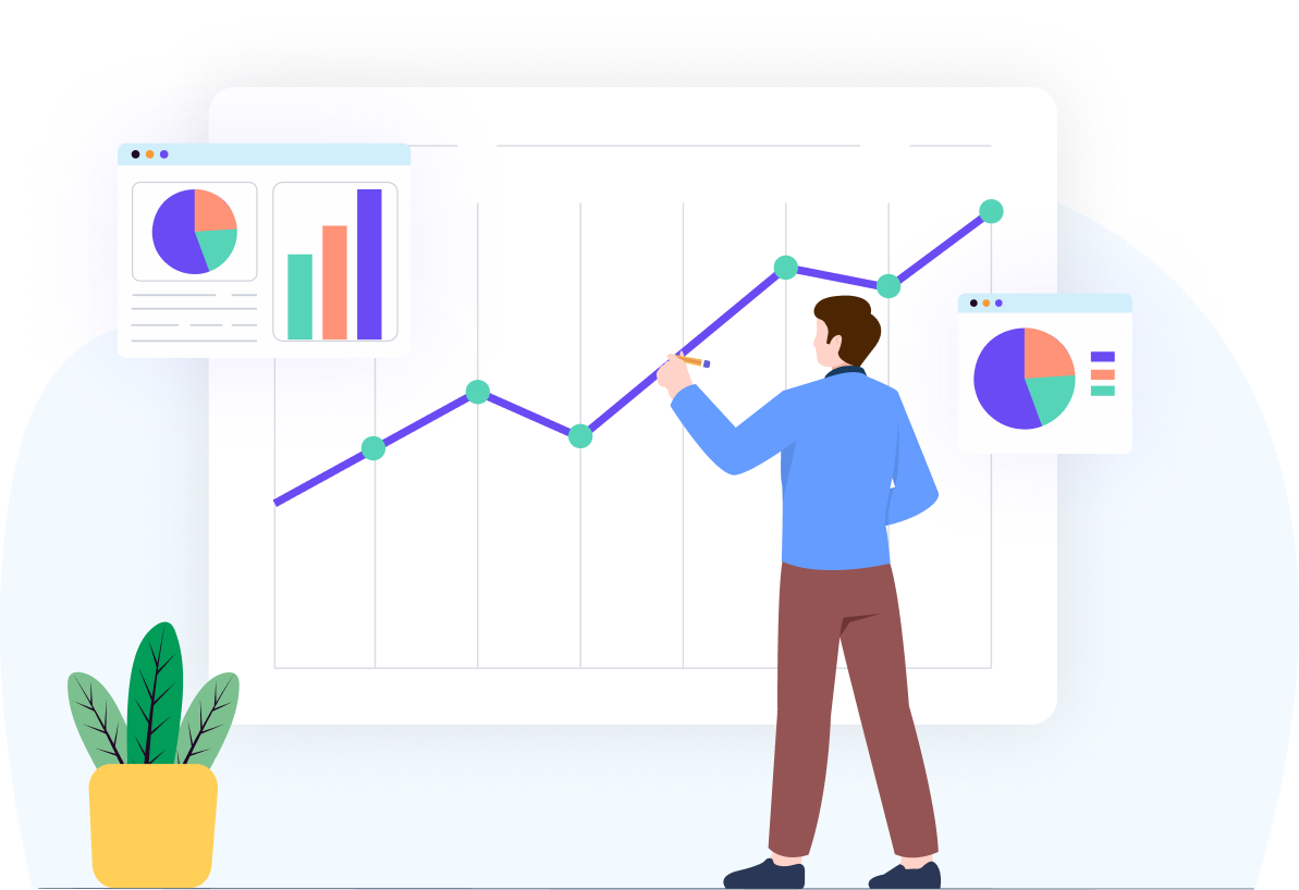 A person analyzing a line graph with data points, surrounded by floating bar and pie charts on a digital screen, with a potted plant in the foreground.