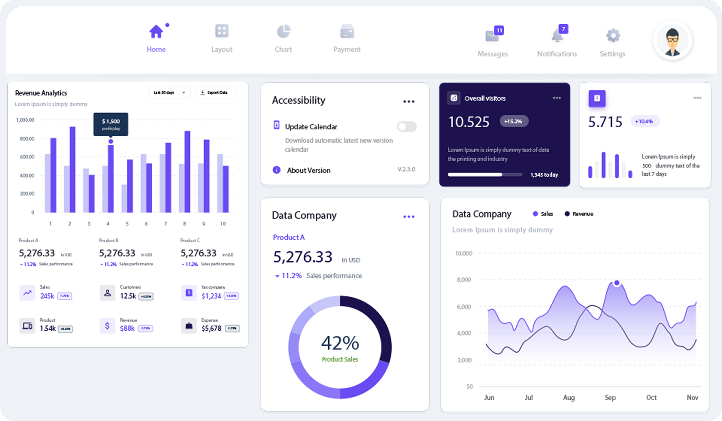 Dashboard displaying revenue analytics, data company sales, overall visitors, product sales, and various charts and data in a modern interface.