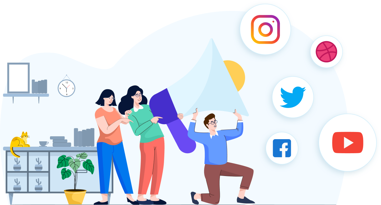 Illustration of diverse people holding a large smartphone with social media icons around, including Instagram, Twitter, Facebook, YouTube, and a basketball icon, in a cozy modern room setting.