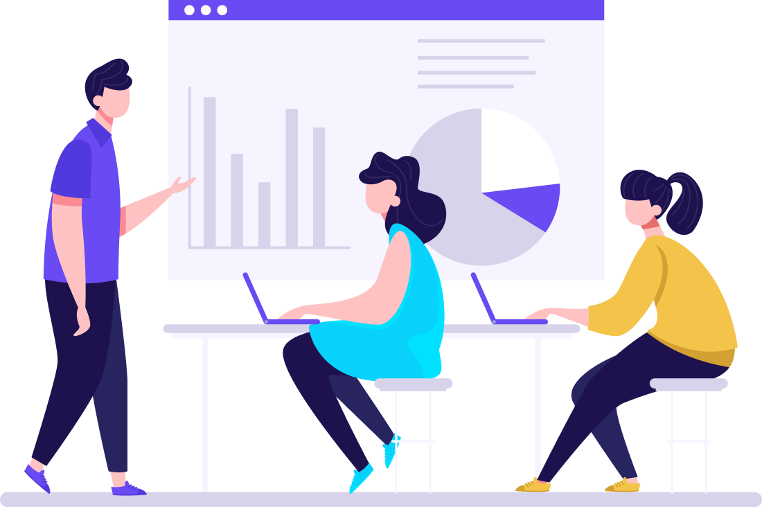 Three people in a meeting room with a presentation displaying bar and pie charts on a large screen.