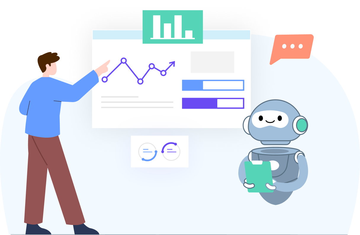 A person pointing at a screen with charts and graphs, and a cute robot holding a tablet, in a digital work environment.