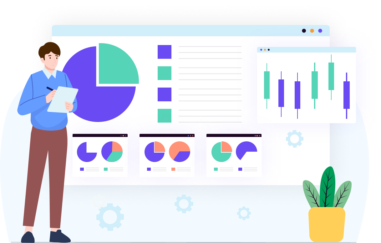 A person standing and analyzing data with charts and graphs on large screens, including pie charts and bar graphs, in a digital workspace setting.