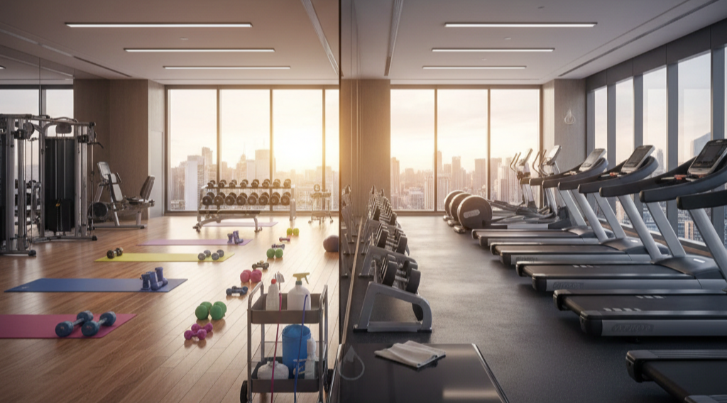 A gym is split into two sections, one with workout mats, dumbbells, and exercise balls, and the other with treadmills, all in a modern high-rise with large windows and city views.